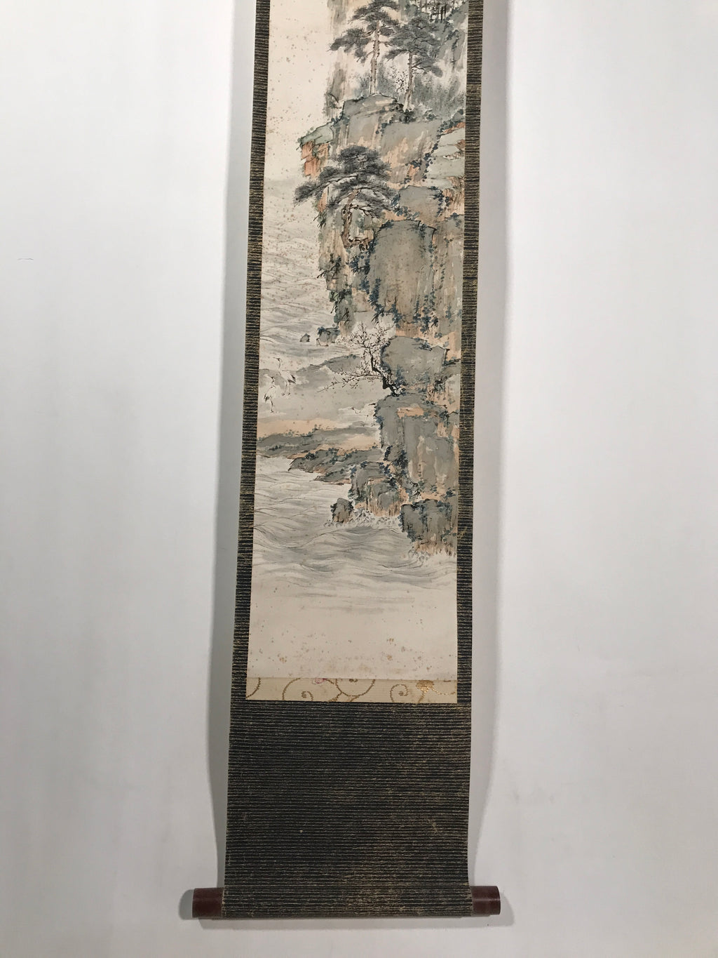 Japanese Hanging Scroll Kakejiku Vtg Mountain Tree Houses Cranes Color KJ128