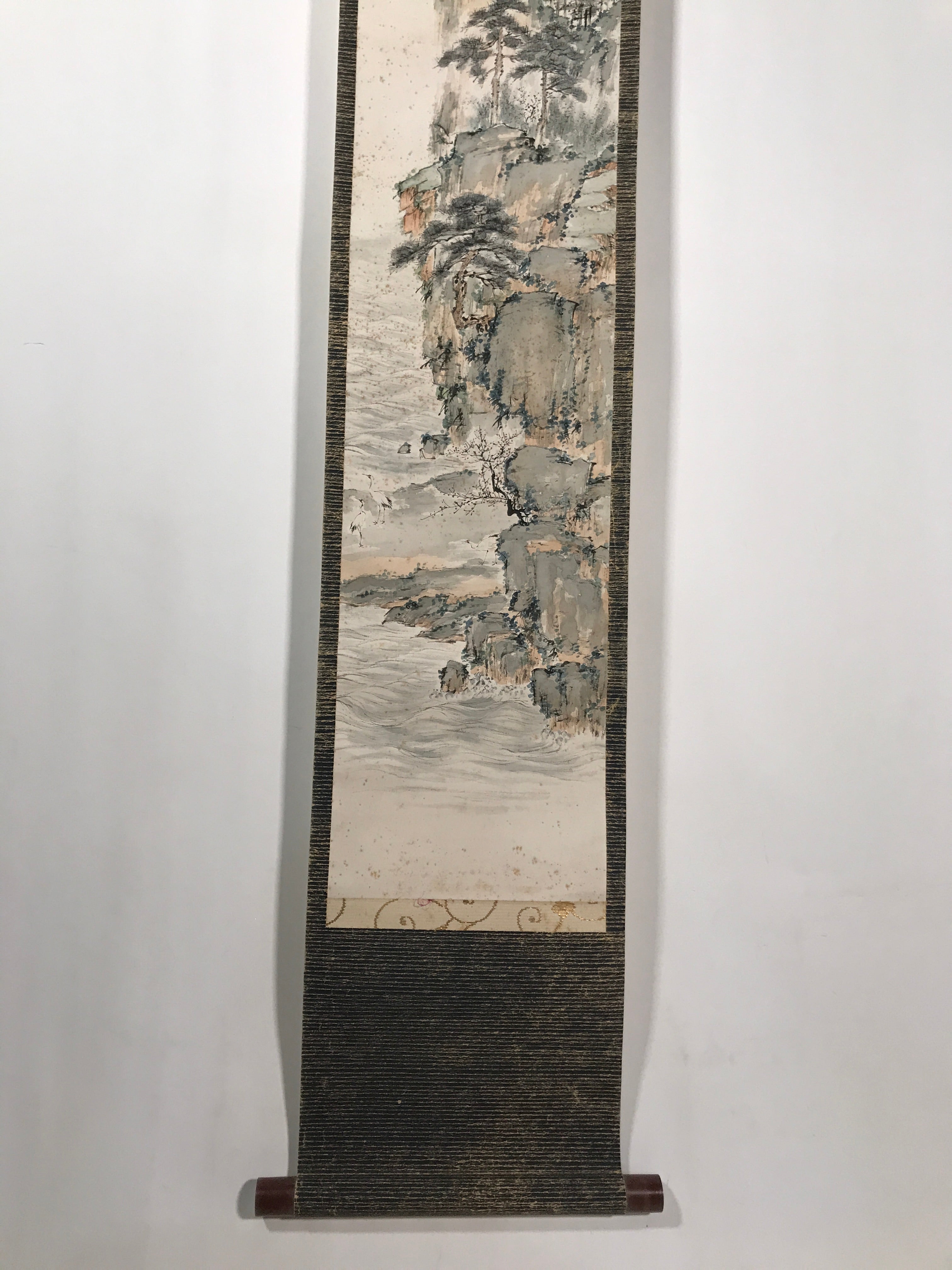 Japanese Hanging Scroll Kakejiku Vtg Mountain Tree Houses Cranes Color KJ128