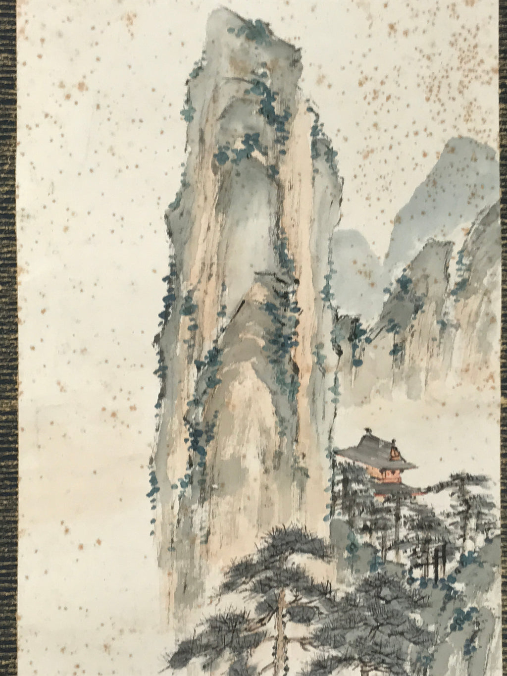 Japanese Hanging Scroll Kakejiku Vtg Mountain Tree Houses Cranes Color KJ128