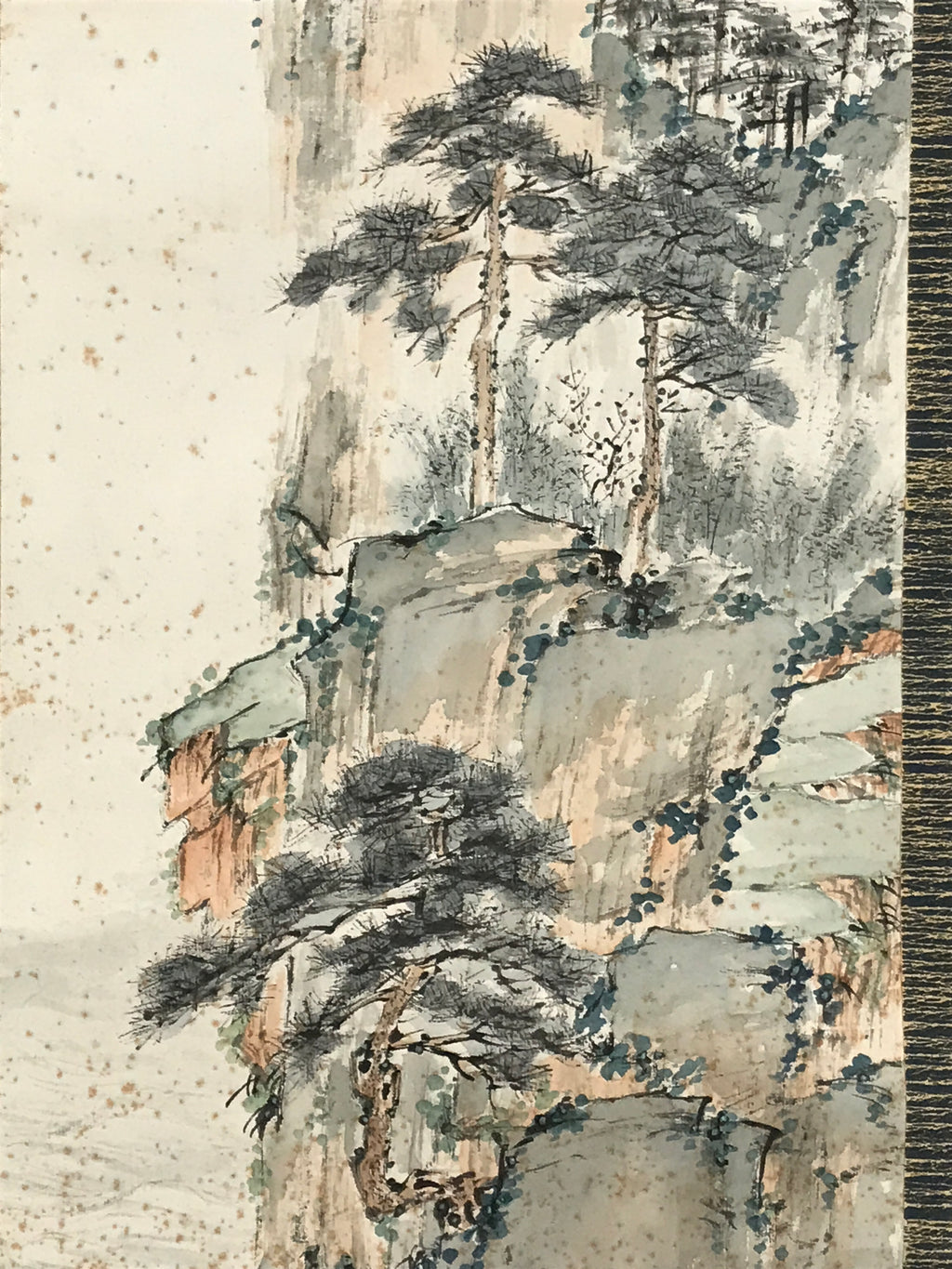 Japanese Hanging Scroll Kakejiku Vtg Mountain Tree Houses Cranes Color KJ128