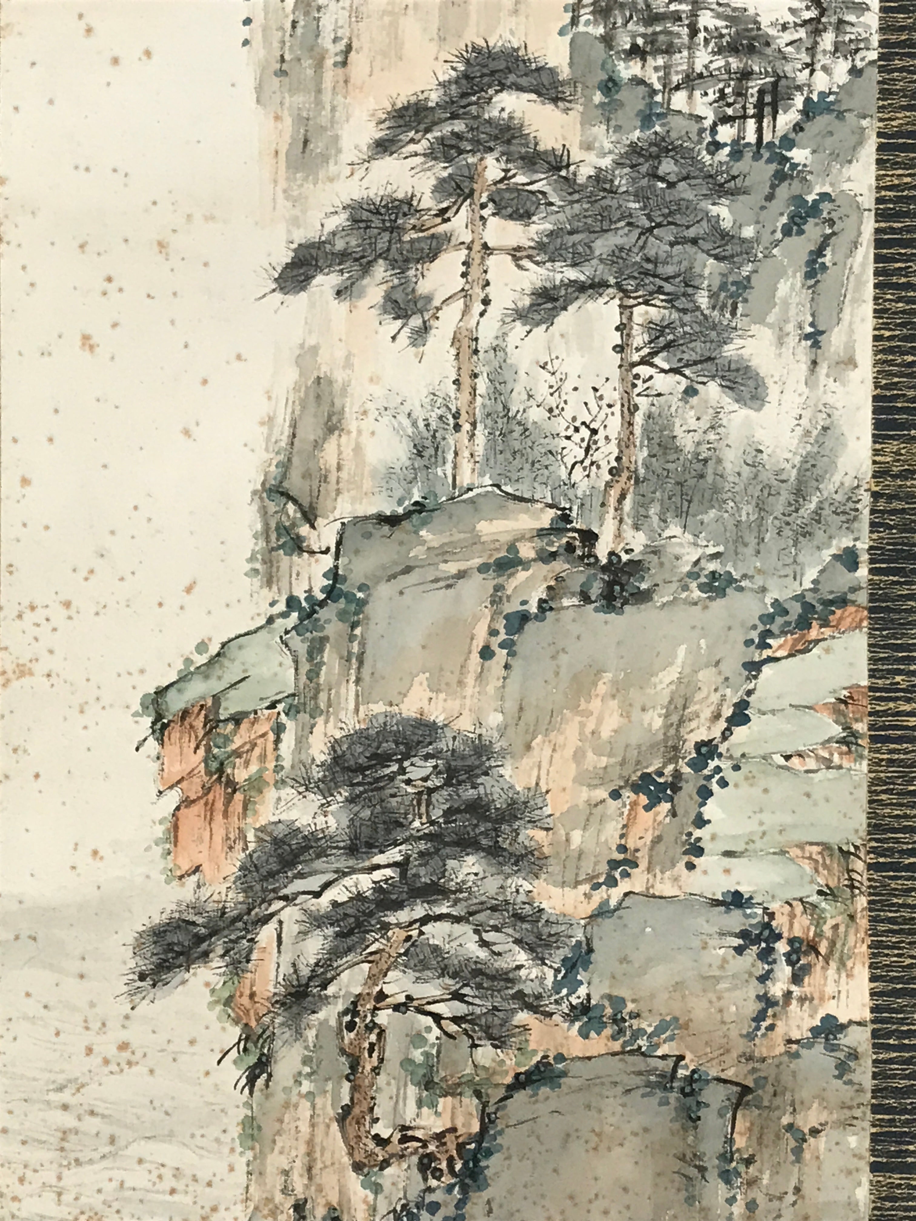 Japanese Hanging Scroll Kakejiku Vtg Mountain Tree Houses Cranes Color KJ128