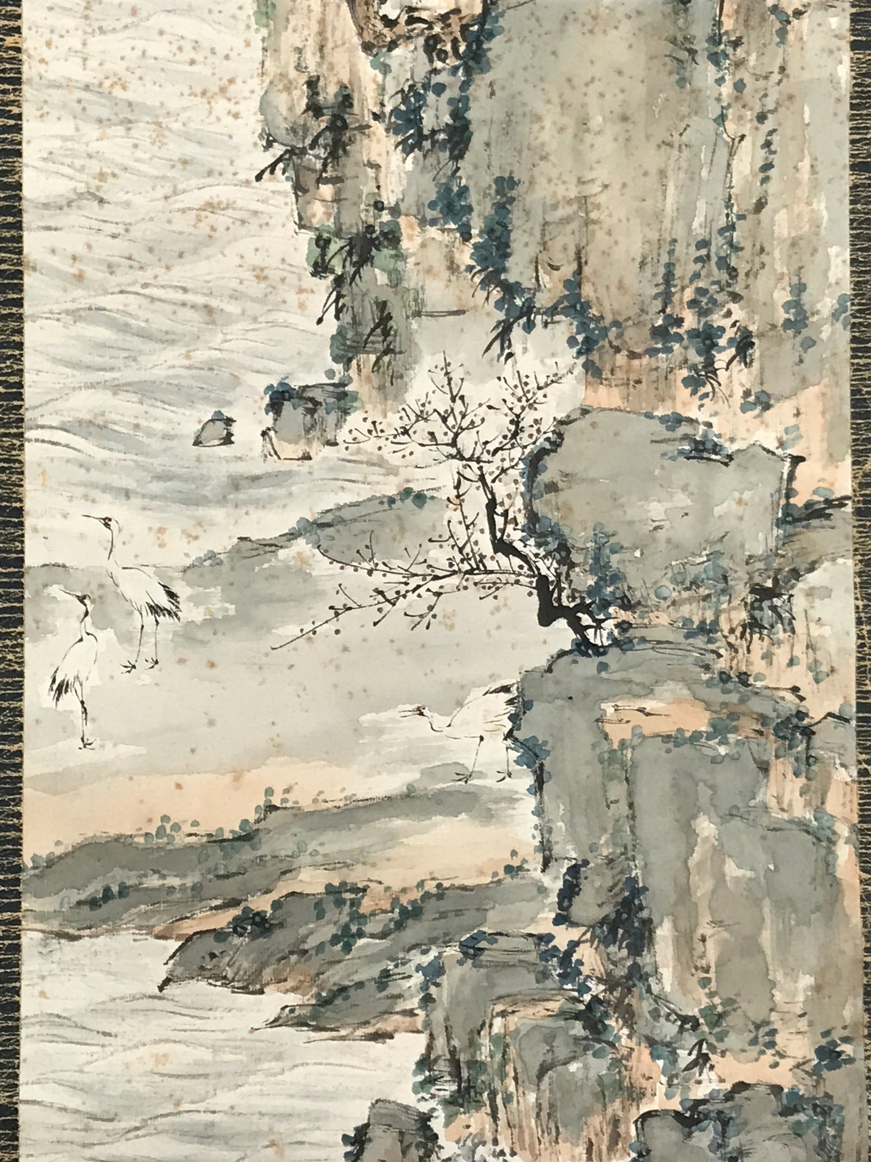 Japanese Hanging Scroll Kakejiku Vtg Mountain Tree Houses Cranes Color KJ128