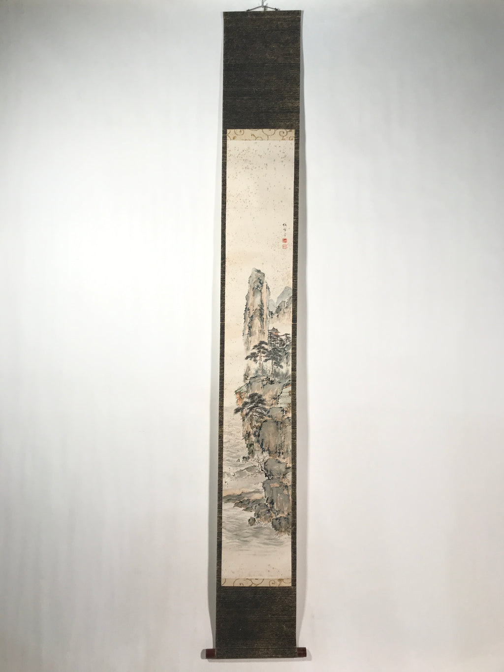 Japanese Hanging Scroll Kakejiku Vtg Mountain Tree Houses Cranes Color KJ128