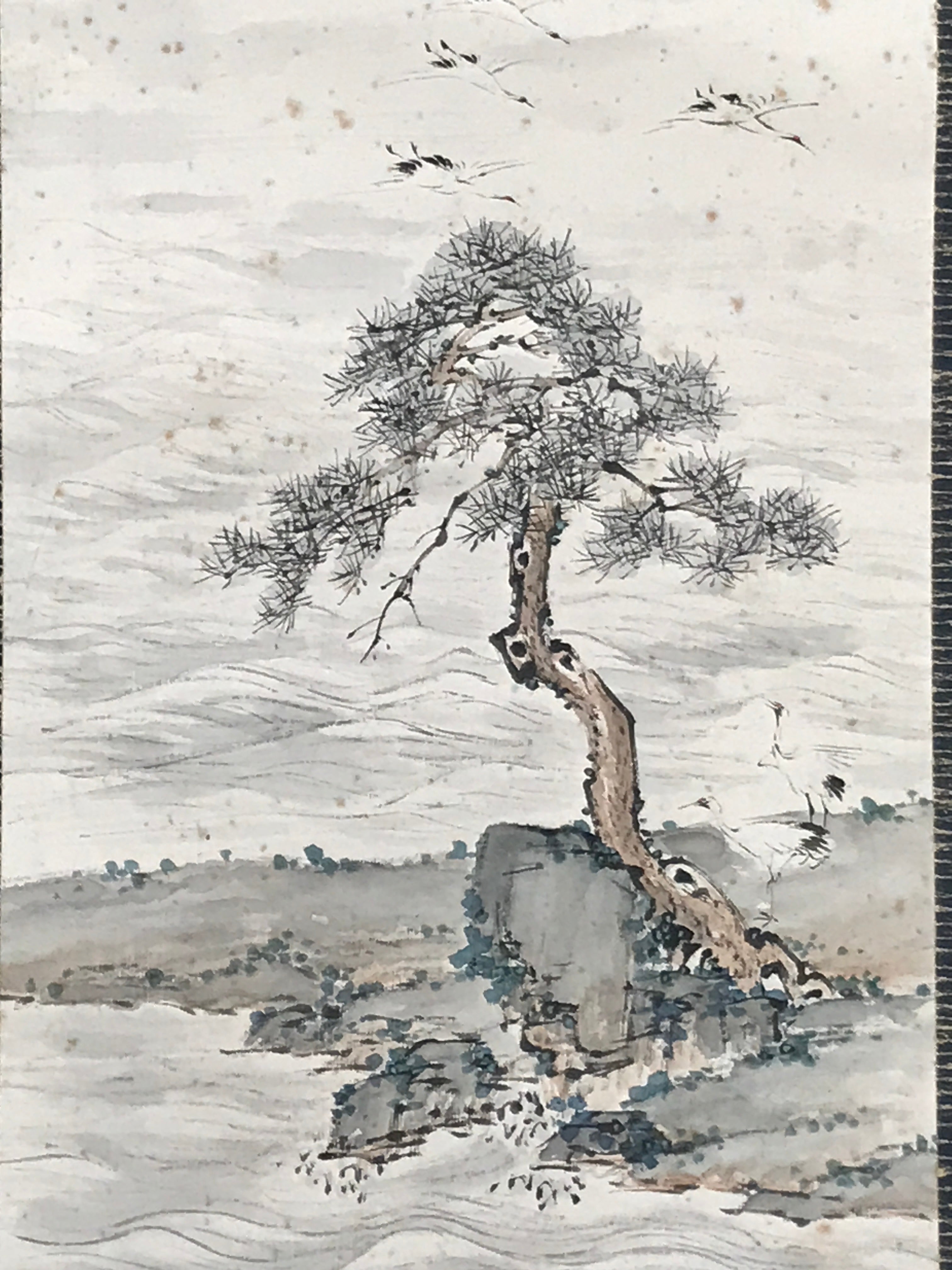Japanese Hanging Scroll Kakejiku Vtg Pine Tree Flying Cranes Bird Color KJ129