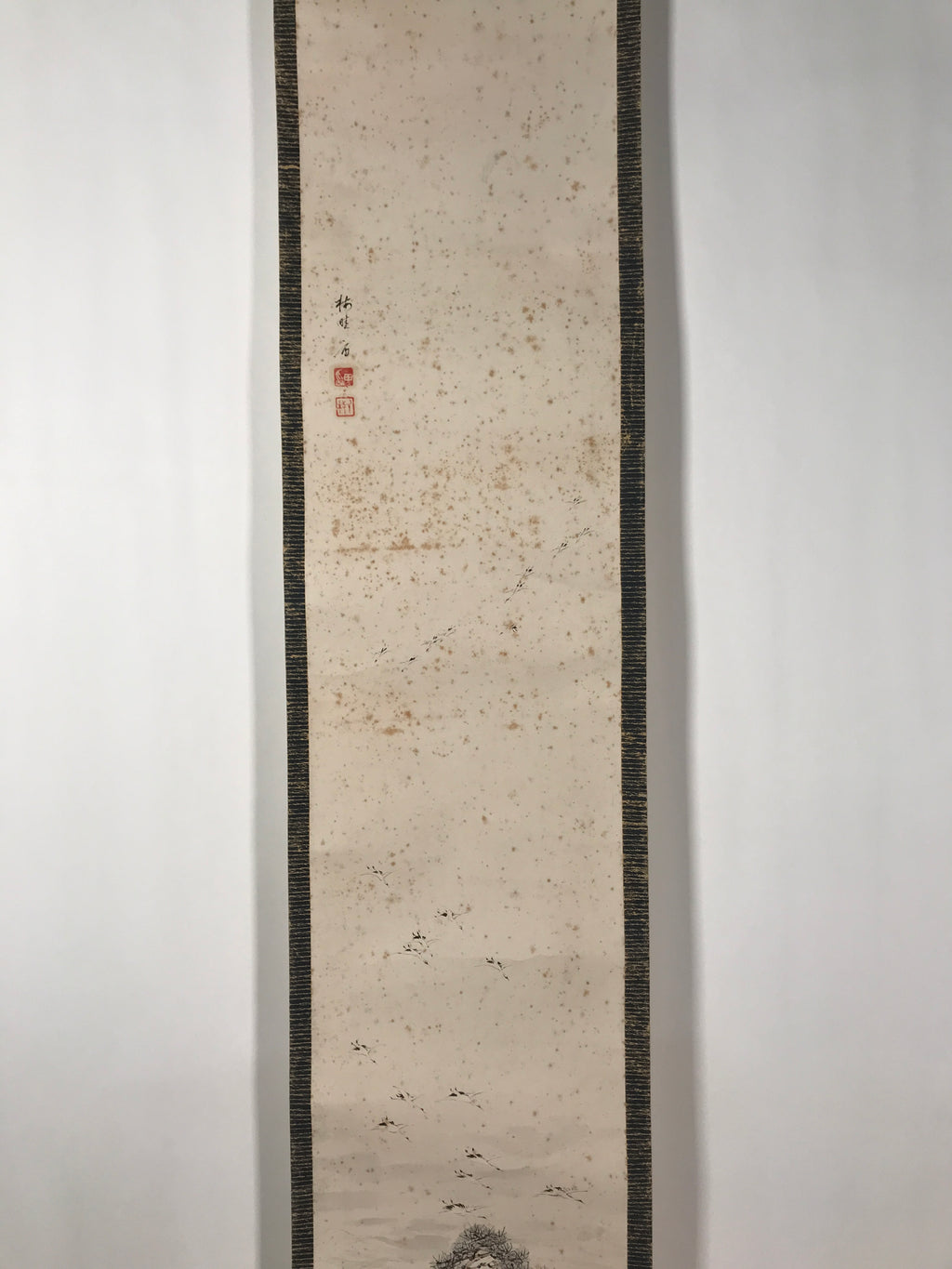 Japanese Hanging Scroll Kakejiku Vtg Pine Tree Flying Cranes Bird Color KJ129