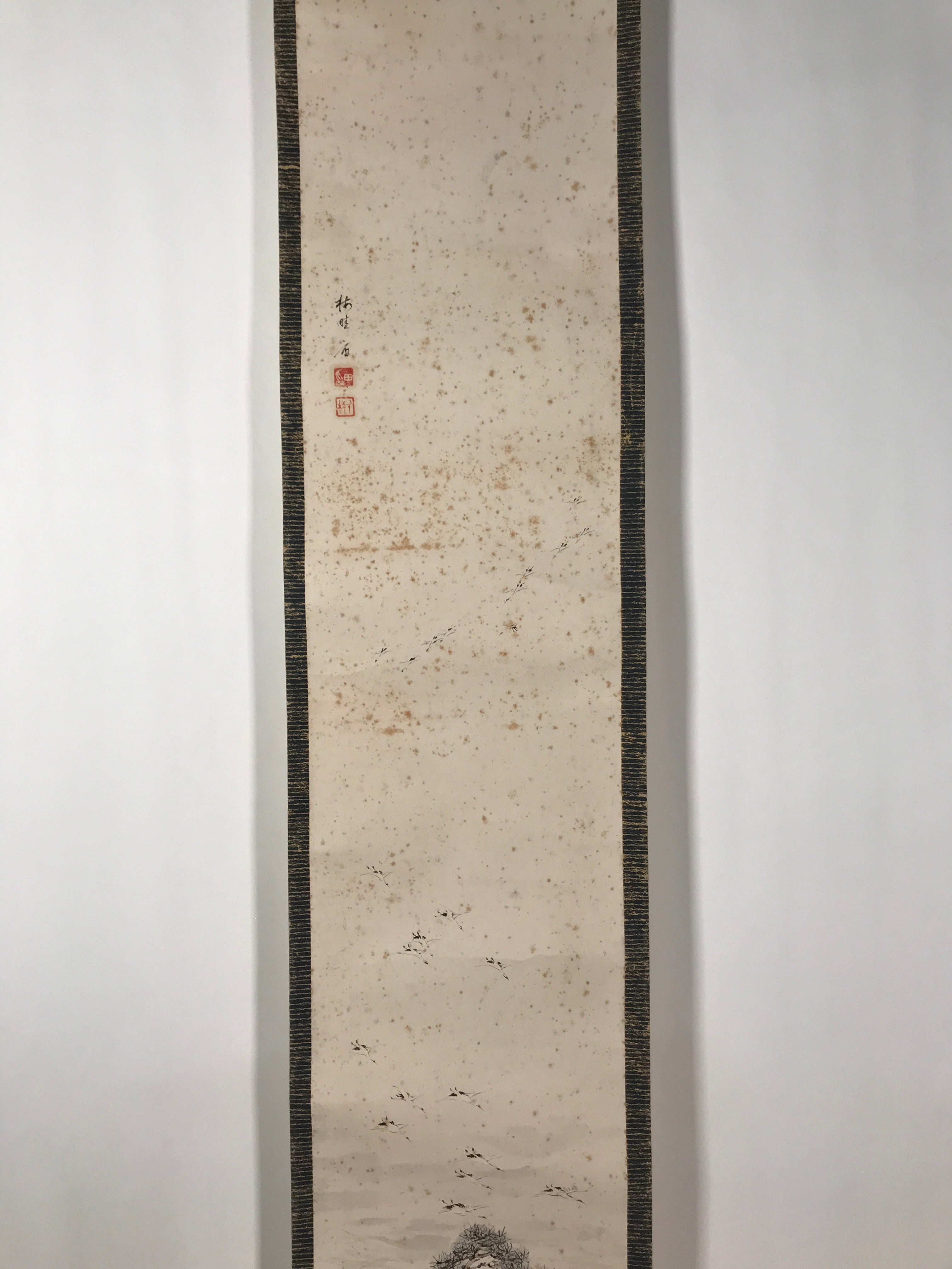 Japanese Hanging Scroll Kakejiku Vtg Pine Tree Flying Cranes Bird Color KJ129