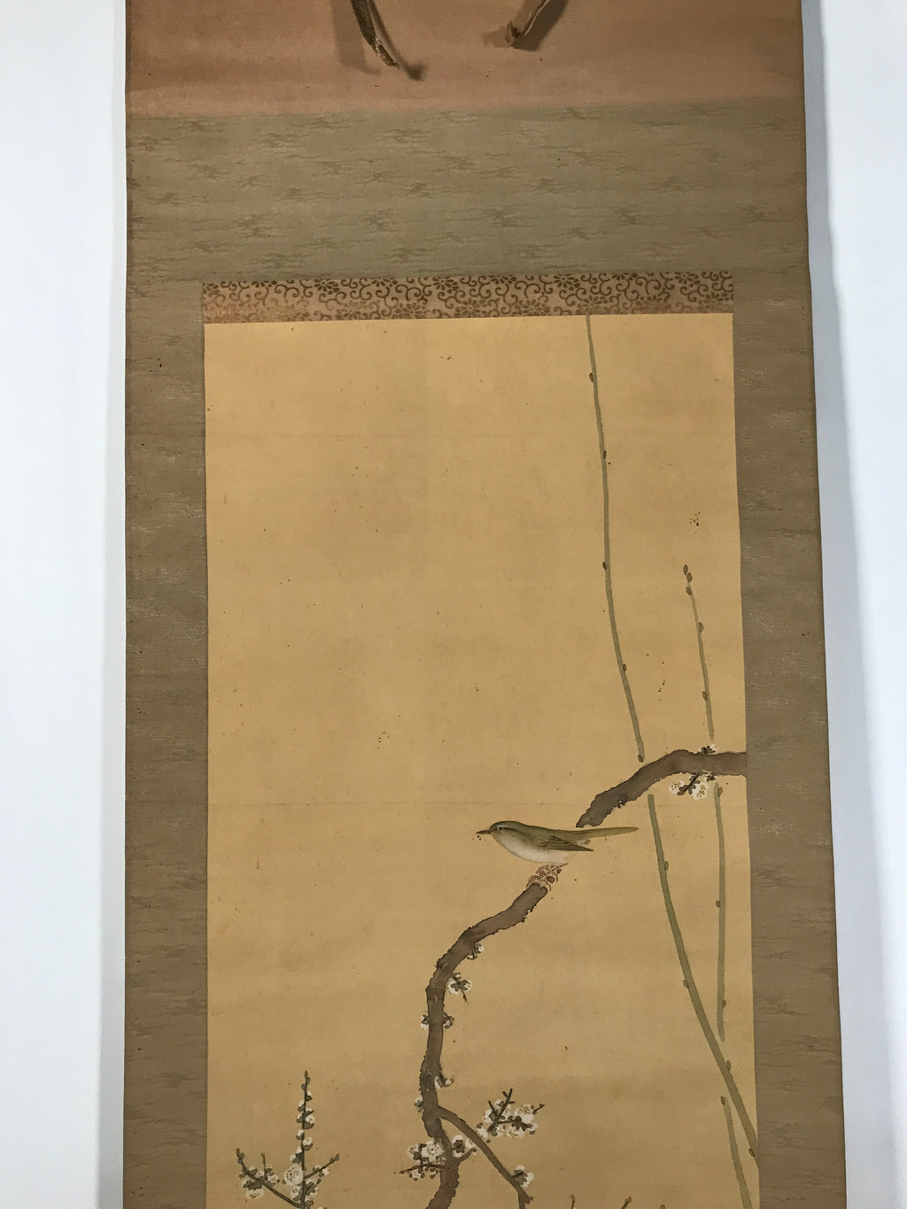 Japanese Hanging Scroll Kakejiku Vtg Plum Blossom Sparrow Bird Color Ink KJ97