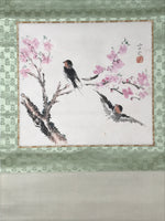 Japanese Hanging Scroll Kakejiku Vtg Plum Flower Bird Swallow Spring Color KJ122