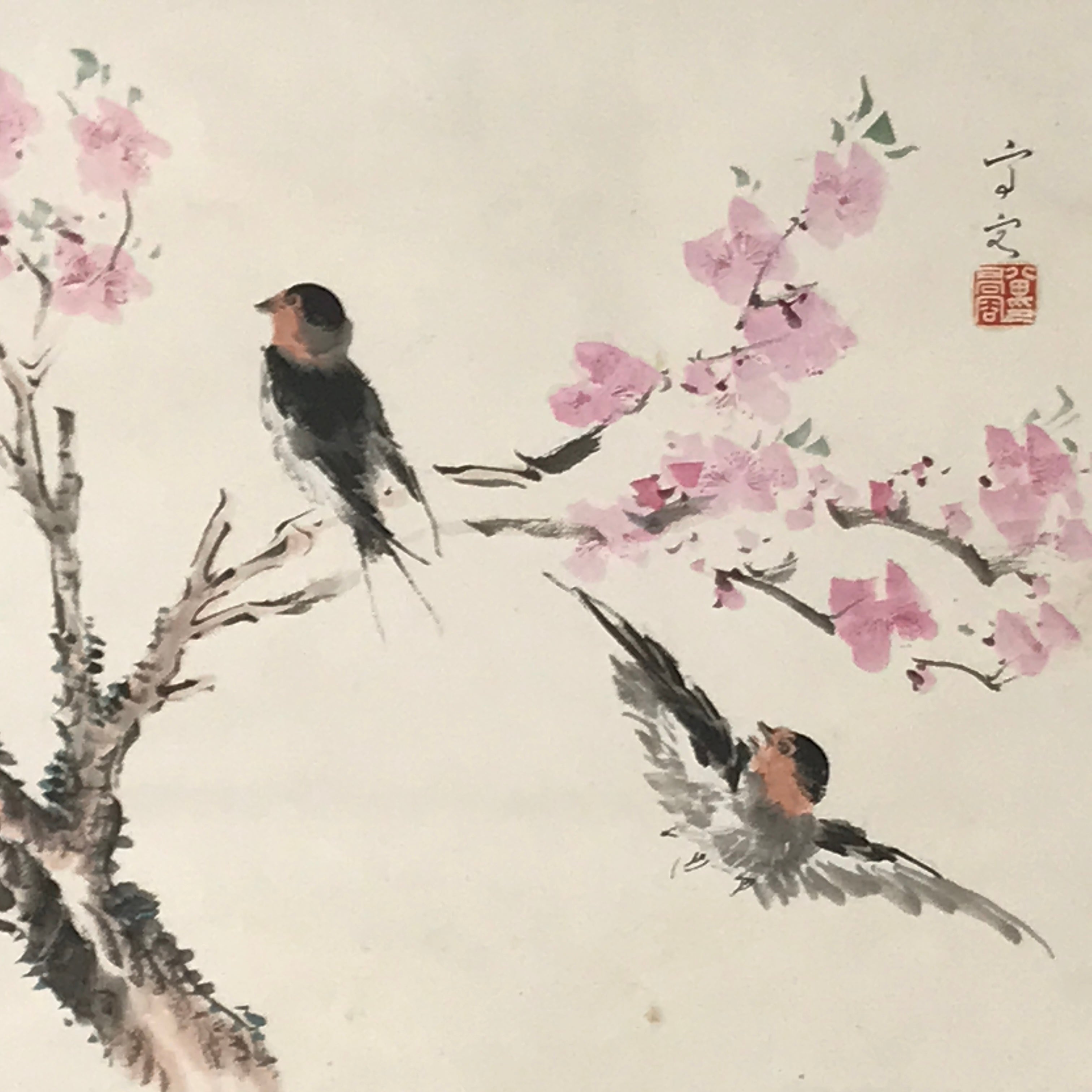 Japanese Hanging Scroll Kakejiku Vtg Plum Flower Bird Swallow Spring Color KJ122