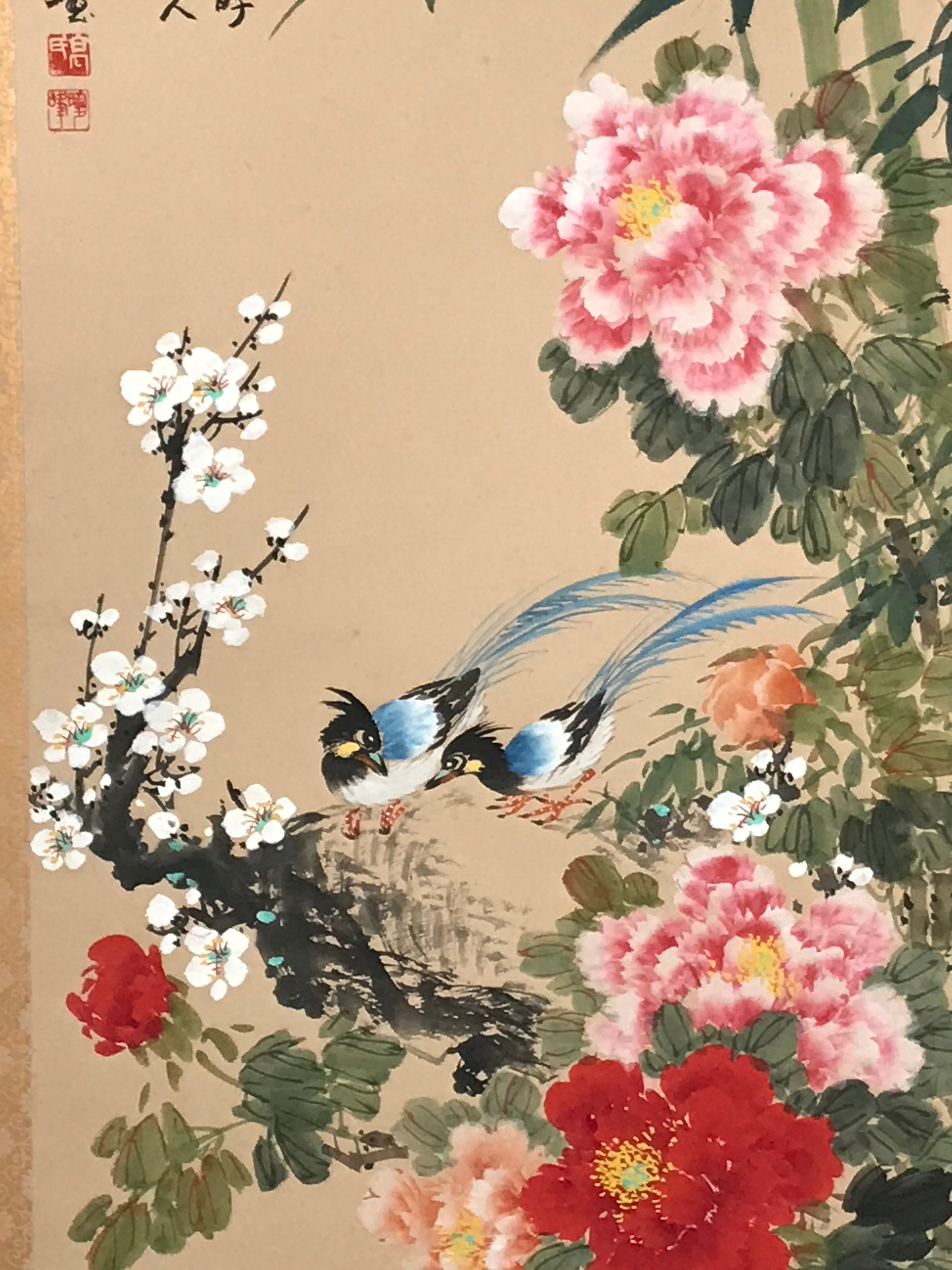 Japanese Hanging Scroll Kakejiku Vtg Plum Peony Flowers Bird Kacho Color KJ78