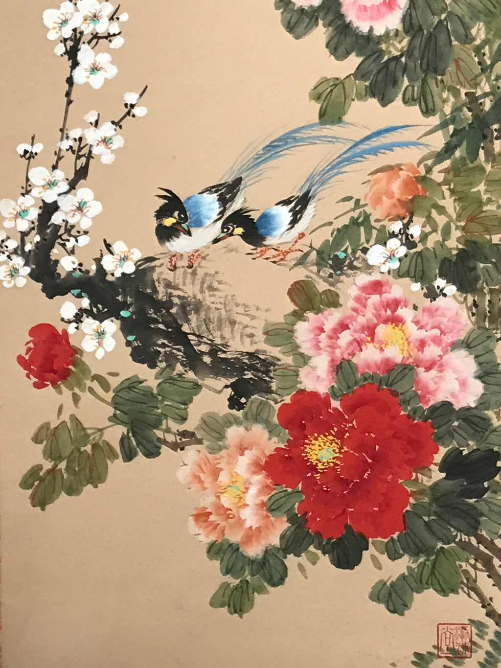 Japanese Hanging Scroll Kakejiku Vtg Plum Peony Flowers Bird Kacho Color KJ78