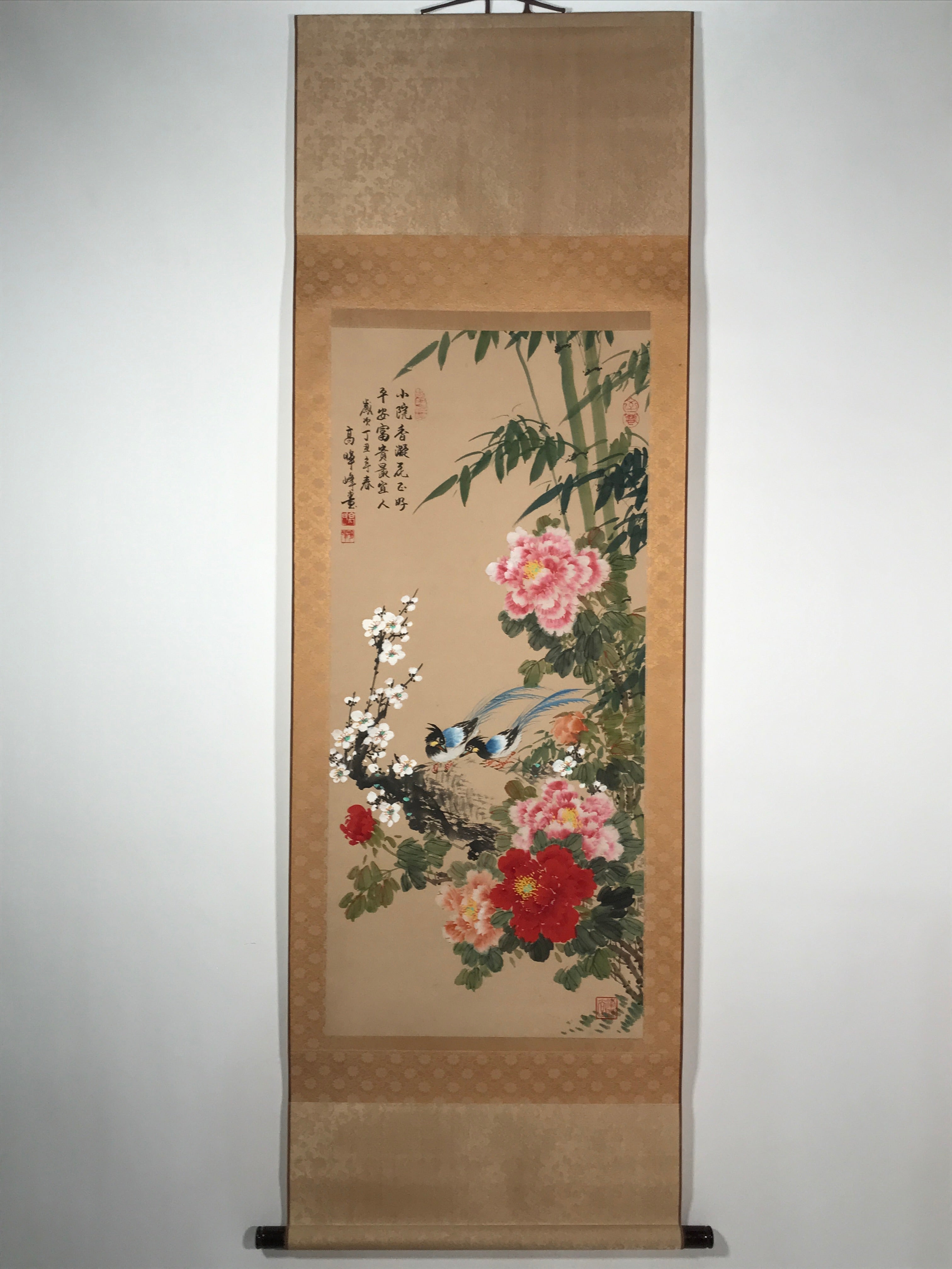 Japanese Hanging Scroll Kakejiku Vtg Plum Peony Flowers Bird Kacho Color KJ78
