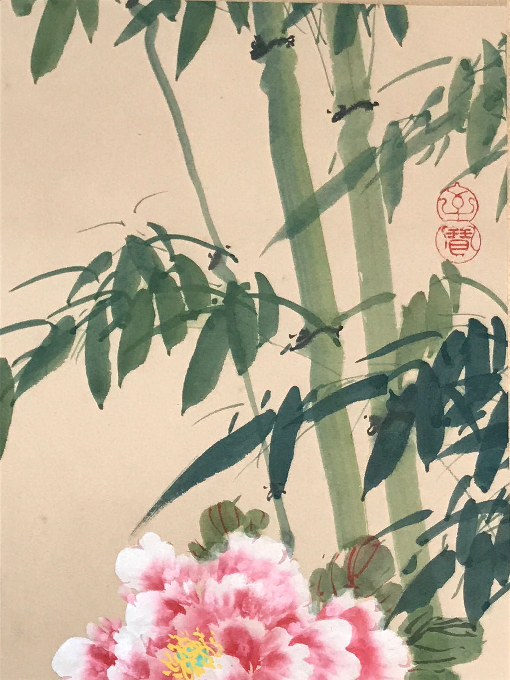 Japanese Hanging Scroll Kakejiku Vtg Plum Peony Flowers Bird Kacho Color KJ78