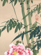 Japanese Hanging Scroll Kakejiku Vtg Plum Peony Flowers Bird Kacho Color KJ78