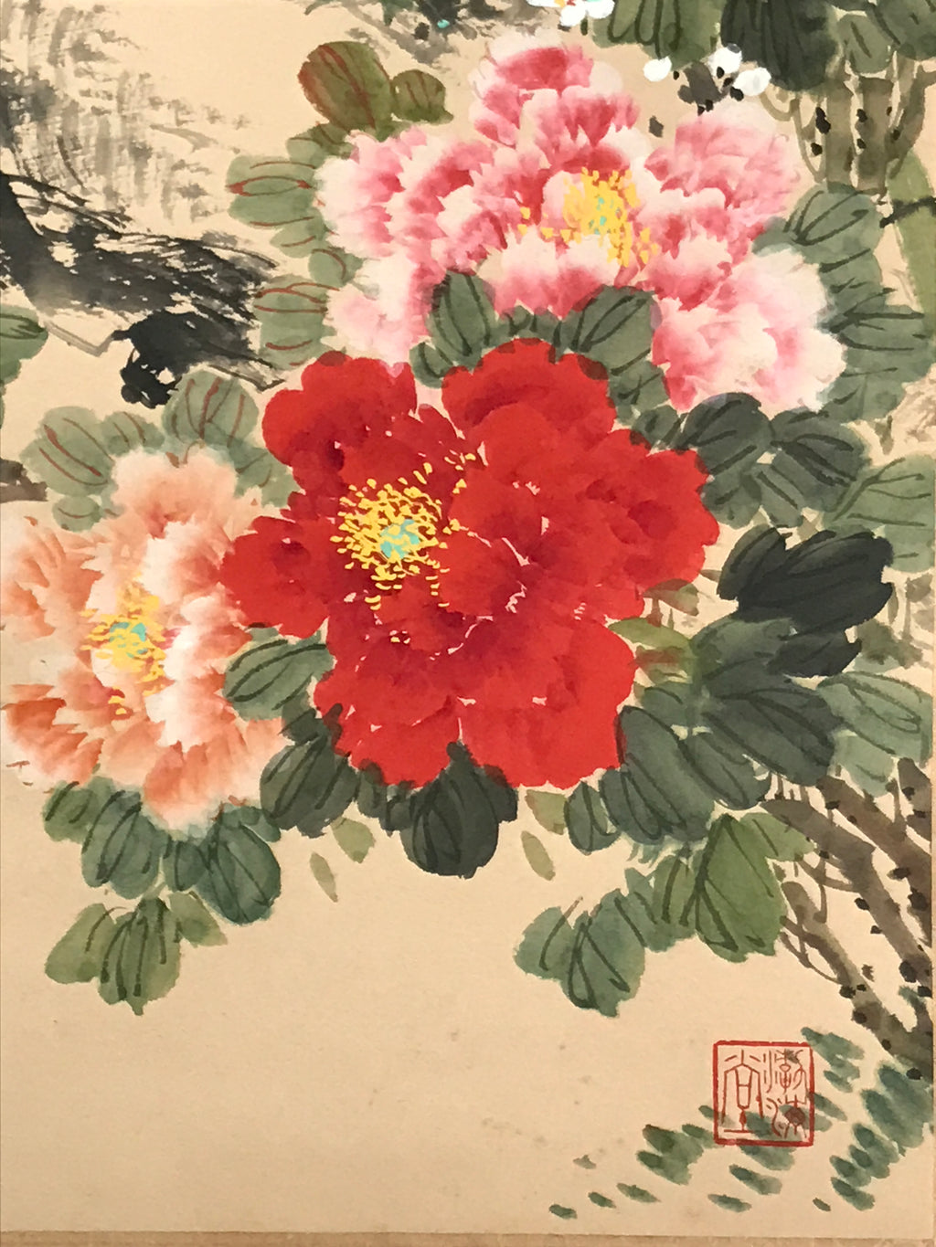 Japanese Hanging Scroll Kakejiku Vtg Plum Peony Flowers Bird Kacho Color KJ78