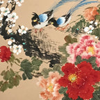 Japanese Hanging Scroll Kakejiku Vtg Plum Peony Flowers Bird Kacho Color KJ78