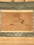 Japanese Hanging Scroll Kakejiku Vtg Rising Sun Flying Crane Tsuru Color KJ112