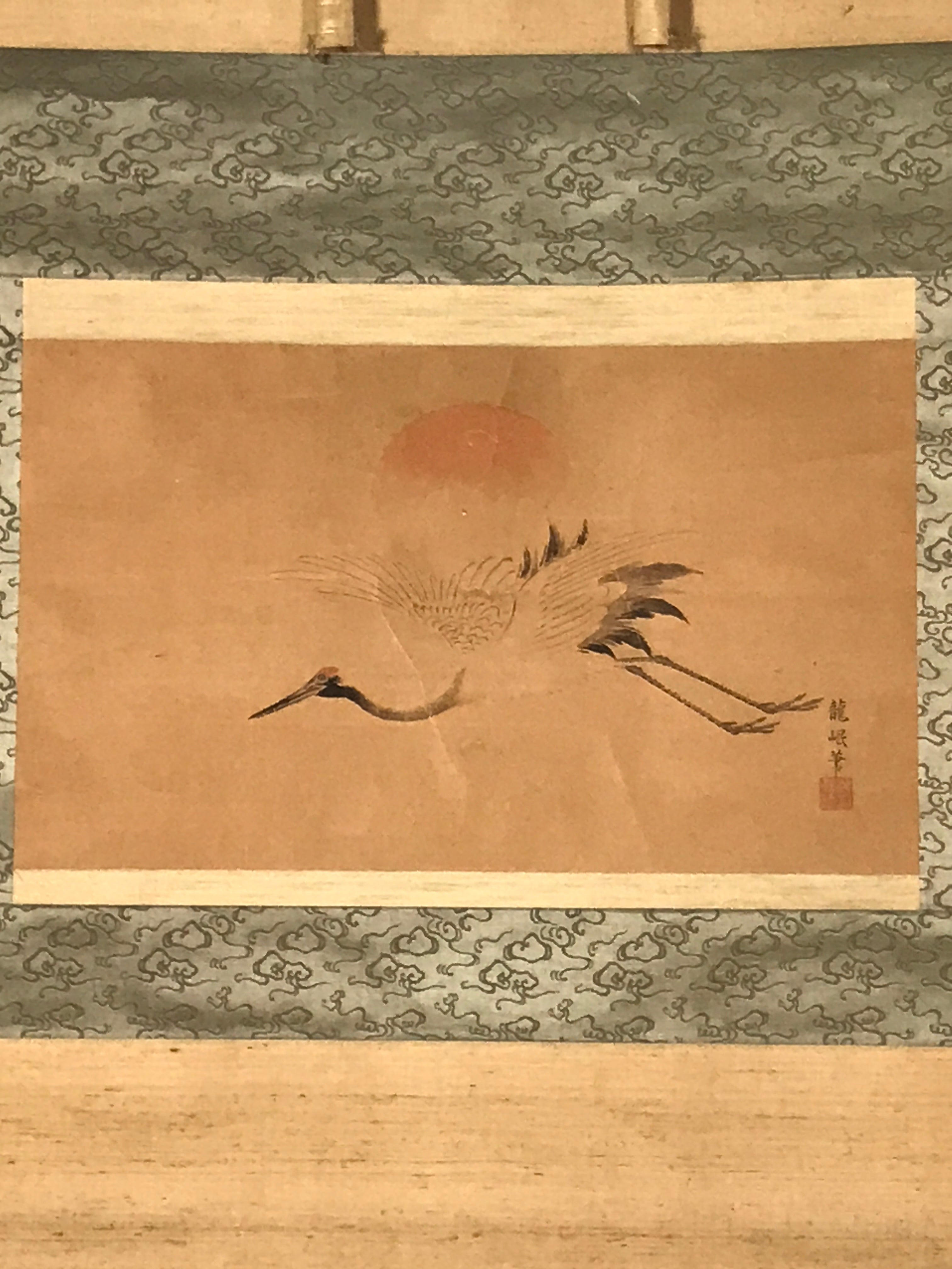 Japanese Hanging Scroll Kakejiku Vtg Rising Sun Flying Crane Tsuru Color KJ112
