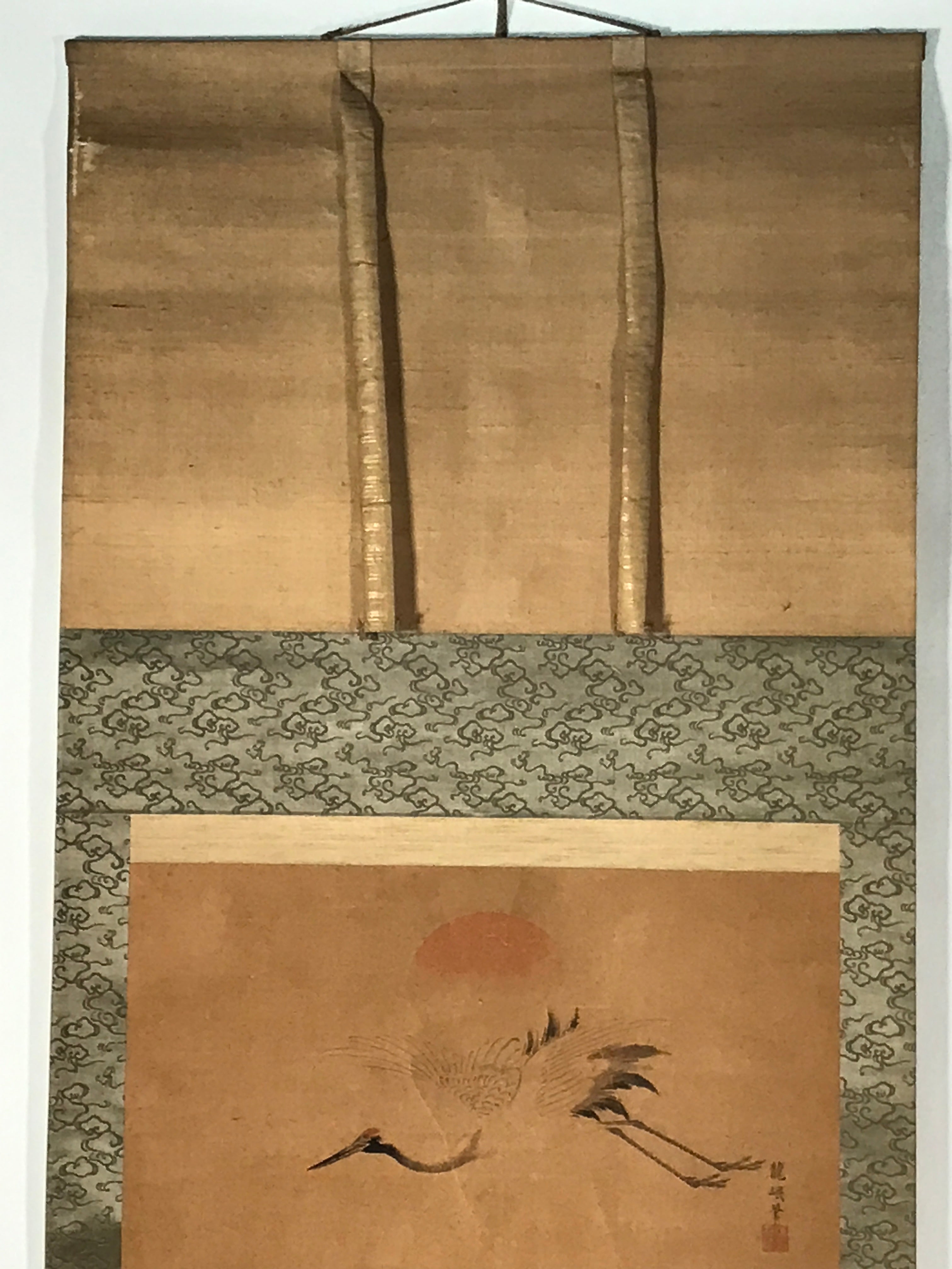 Japanese Hanging Scroll Kakejiku Vtg Rising Sun Flying Crane Tsuru Color KJ112