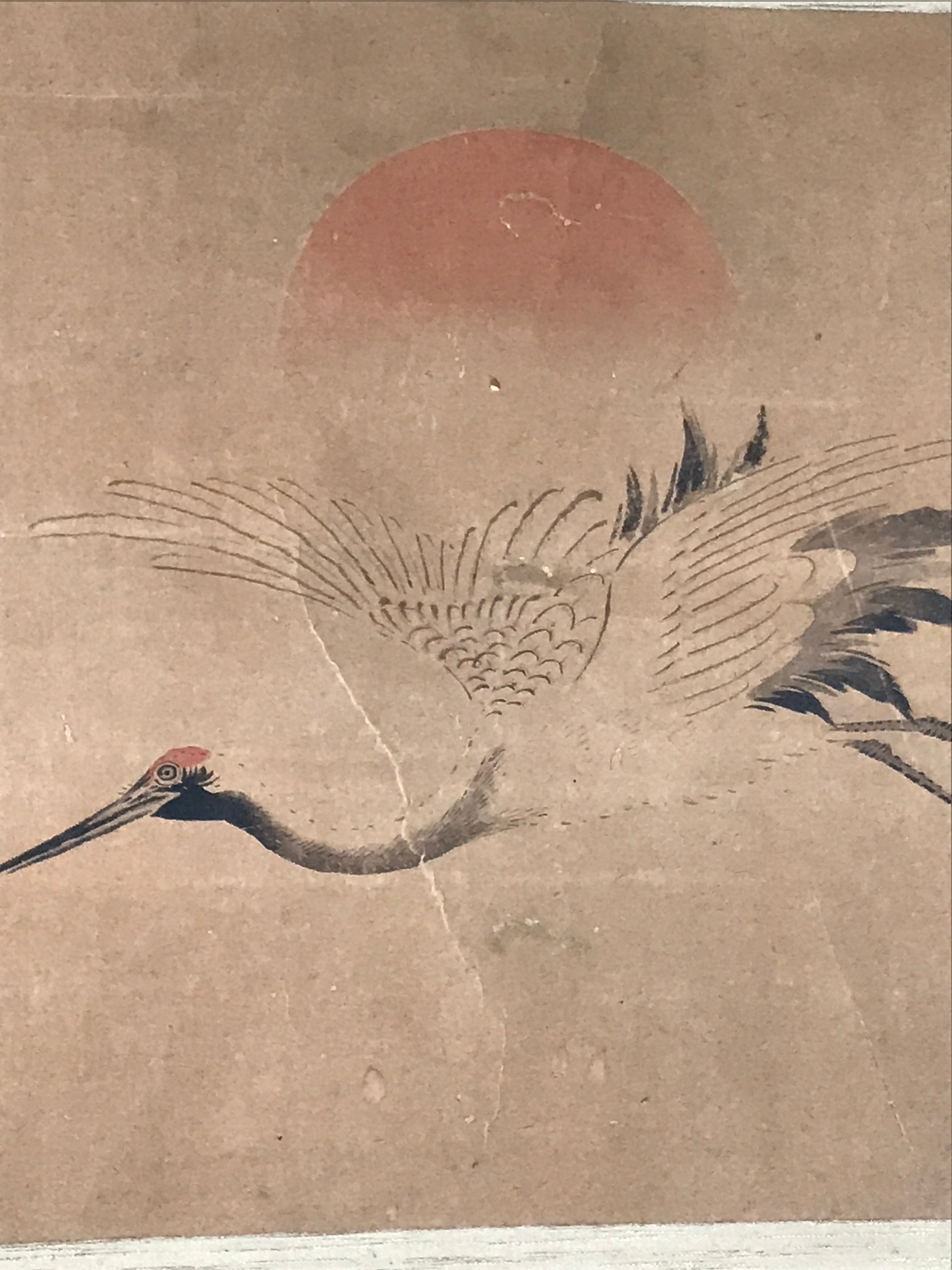 Japanese Hanging Scroll Kakejiku Vtg Rising Sun Flying Crane Tsuru Color KJ112