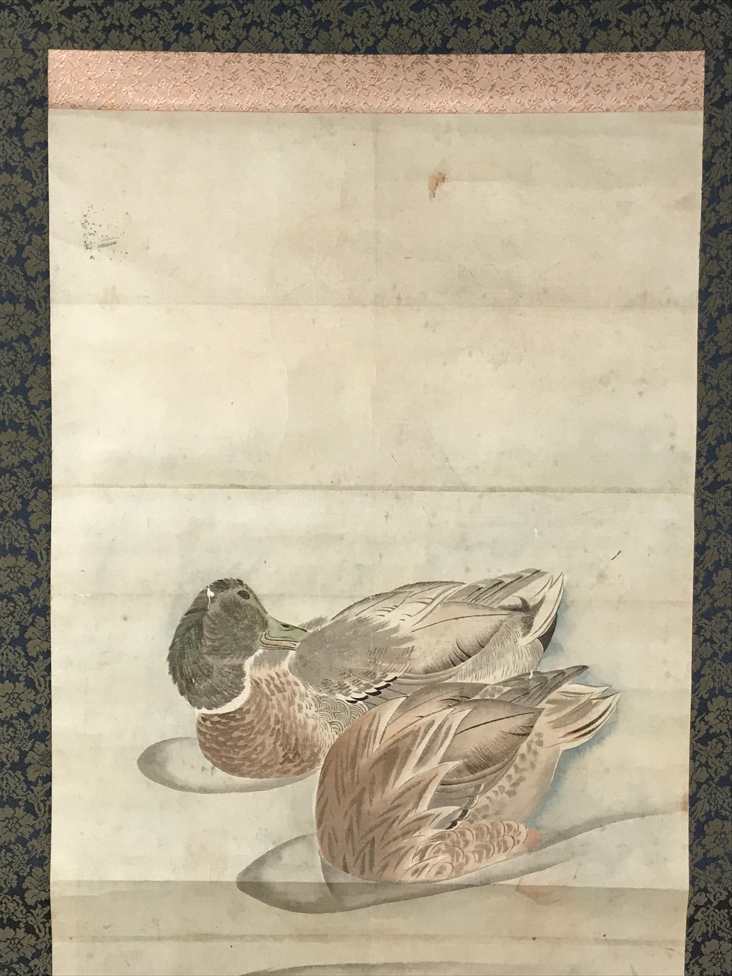 Japanese Hanging Scroll Kakejiku Vtg River Ducks Birds Nature Color KJ123