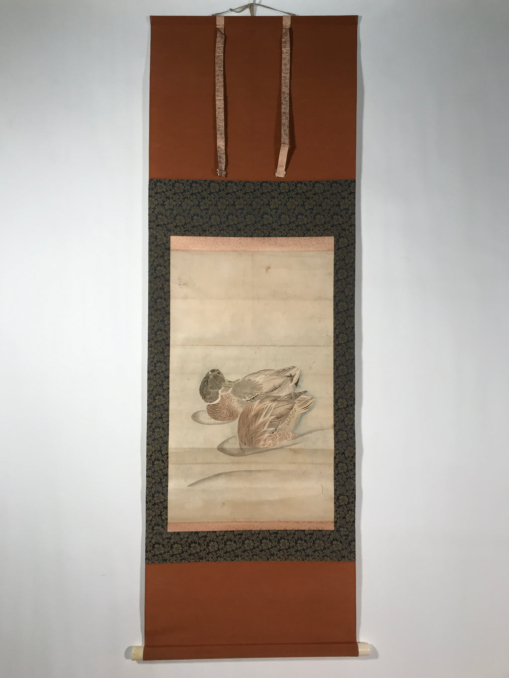 Japanese Hanging Scroll Kakejiku Vtg River Ducks Birds Nature Color KJ123
