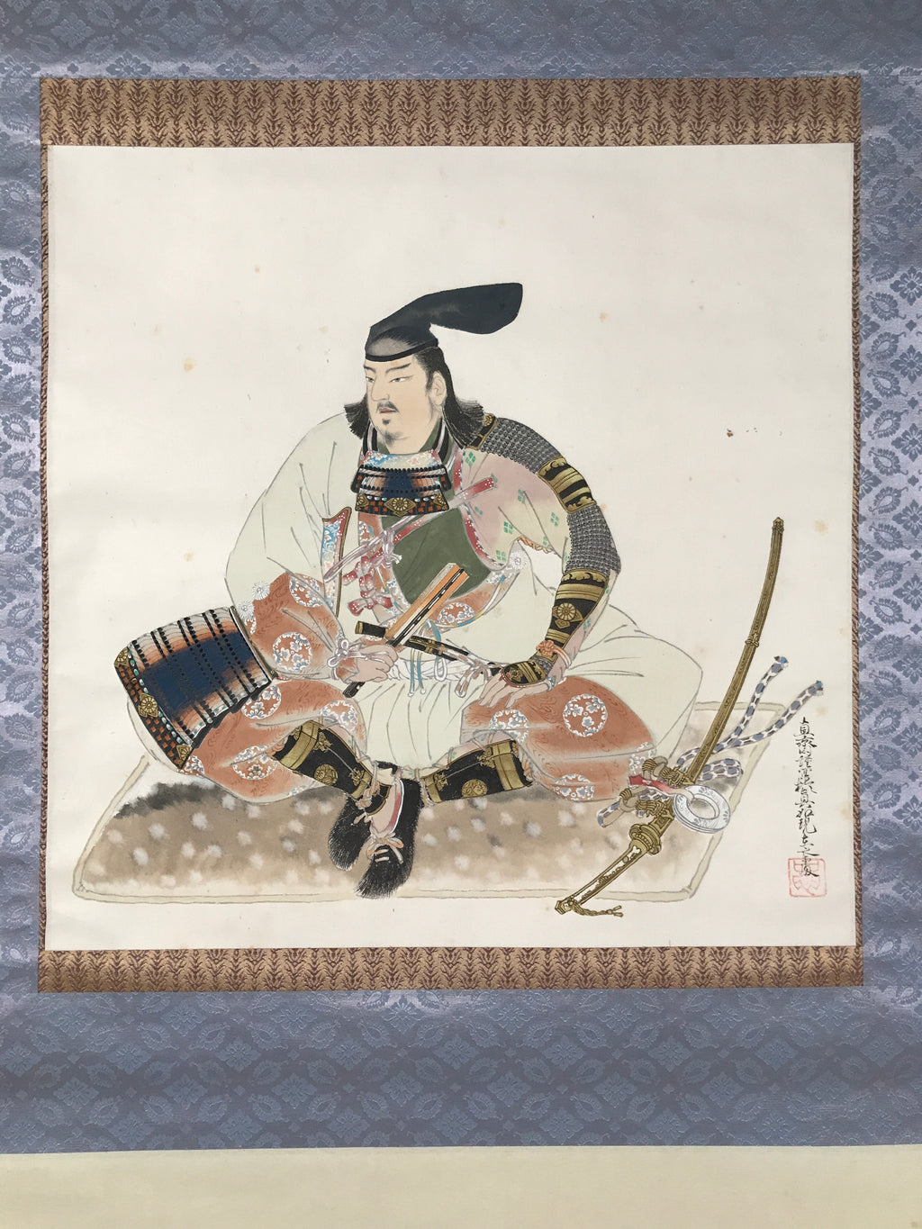 Japanese Hanging Scroll Kakejiku Vtg Samurai Sitting Kimono Sword Color KJ126