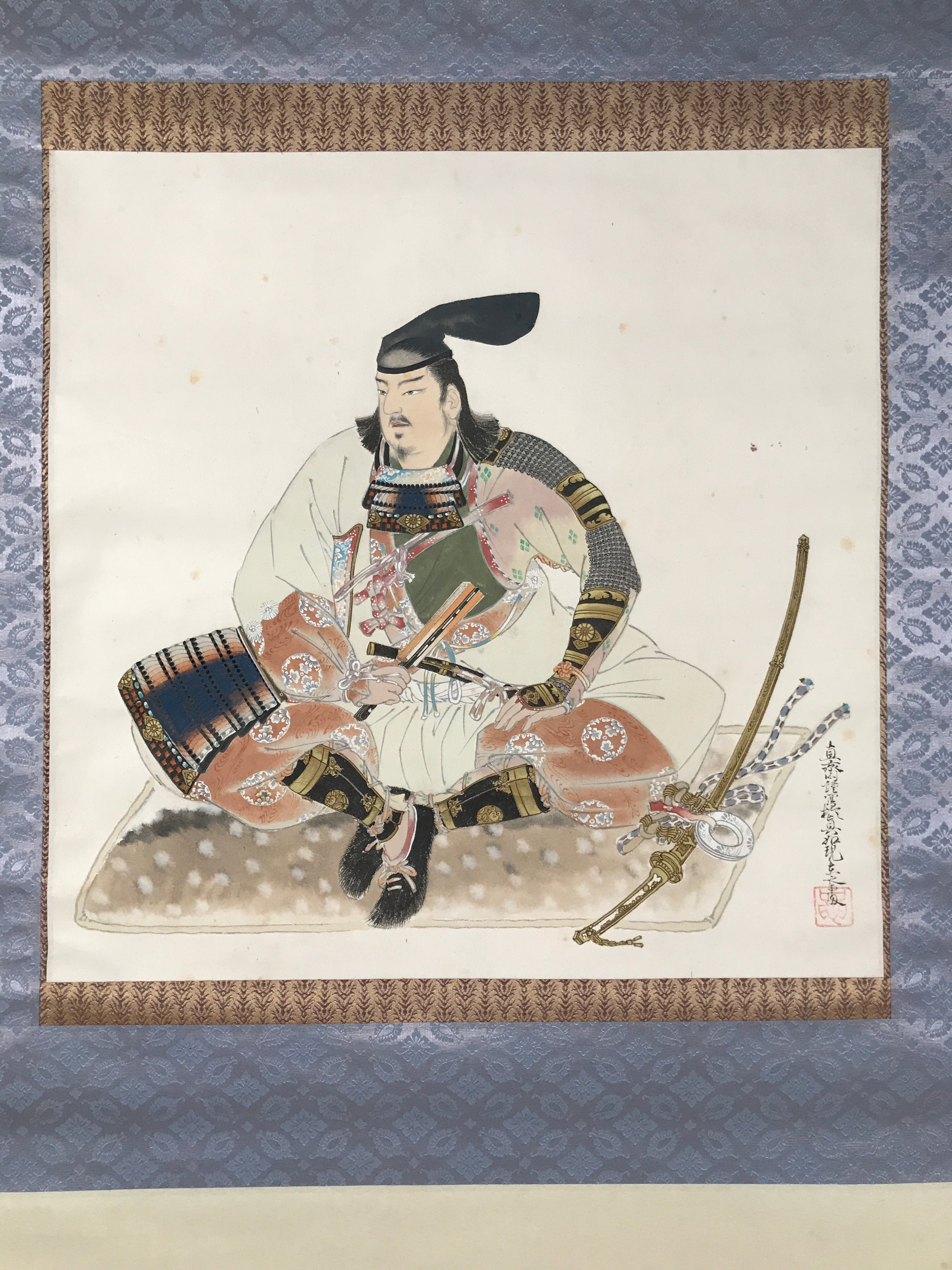 Japanese Hanging Scroll Kakejiku Vtg Samurai Sitting Kimono Sword Color KJ126