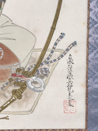Japanese Hanging Scroll Kakejiku Vtg Samurai Sitting Kimono Sword Color KJ126
