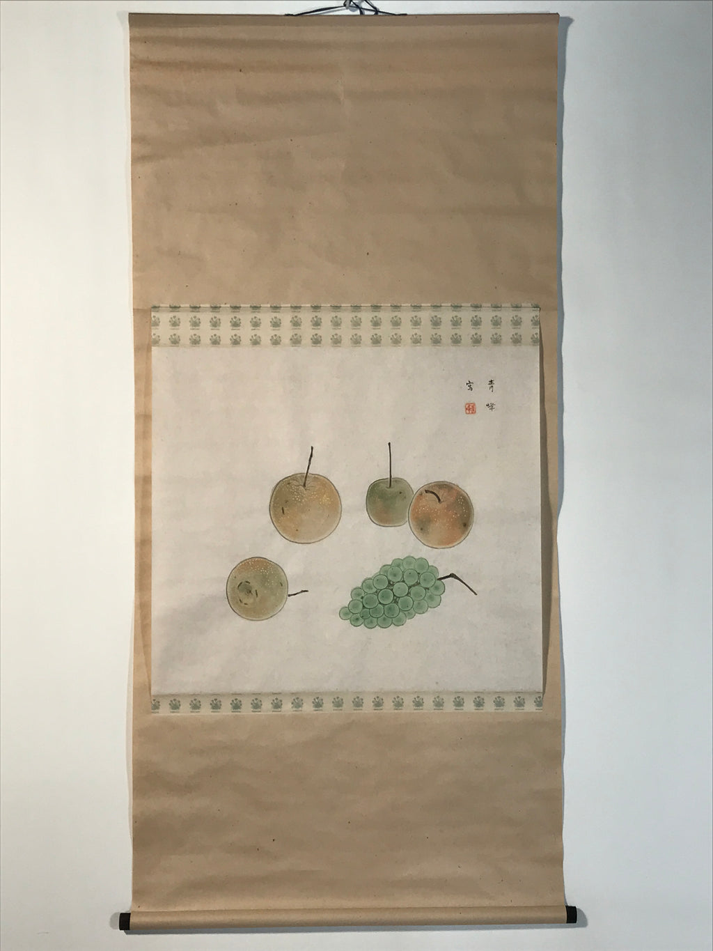 Japanese Hanging Scroll Kakejiku Vtg Still Life Fruits Pear Grapes Color KJ167