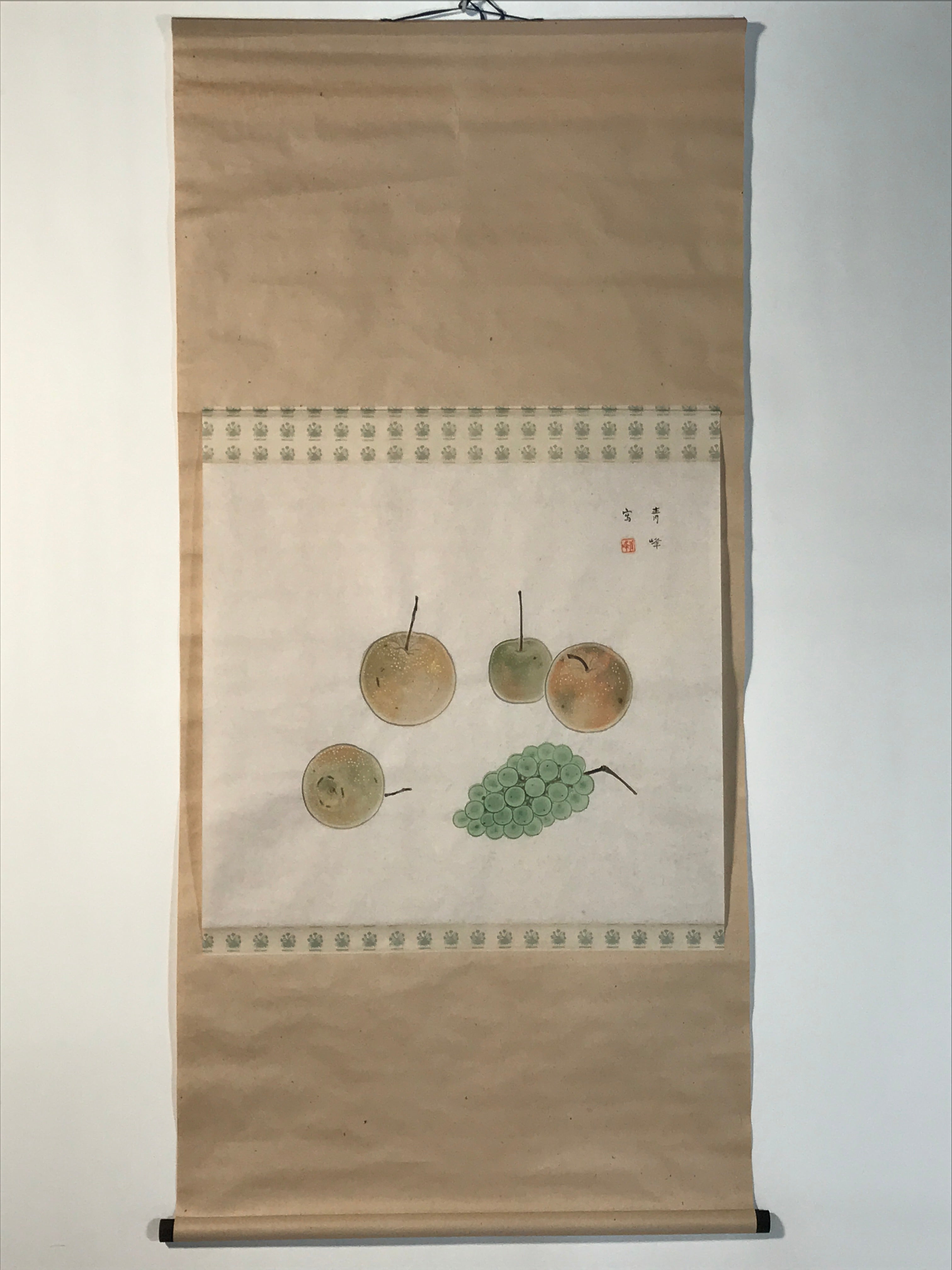 Japanese Hanging Scroll Kakejiku Vtg Still Life Fruits Pear Grapes Color KJ167