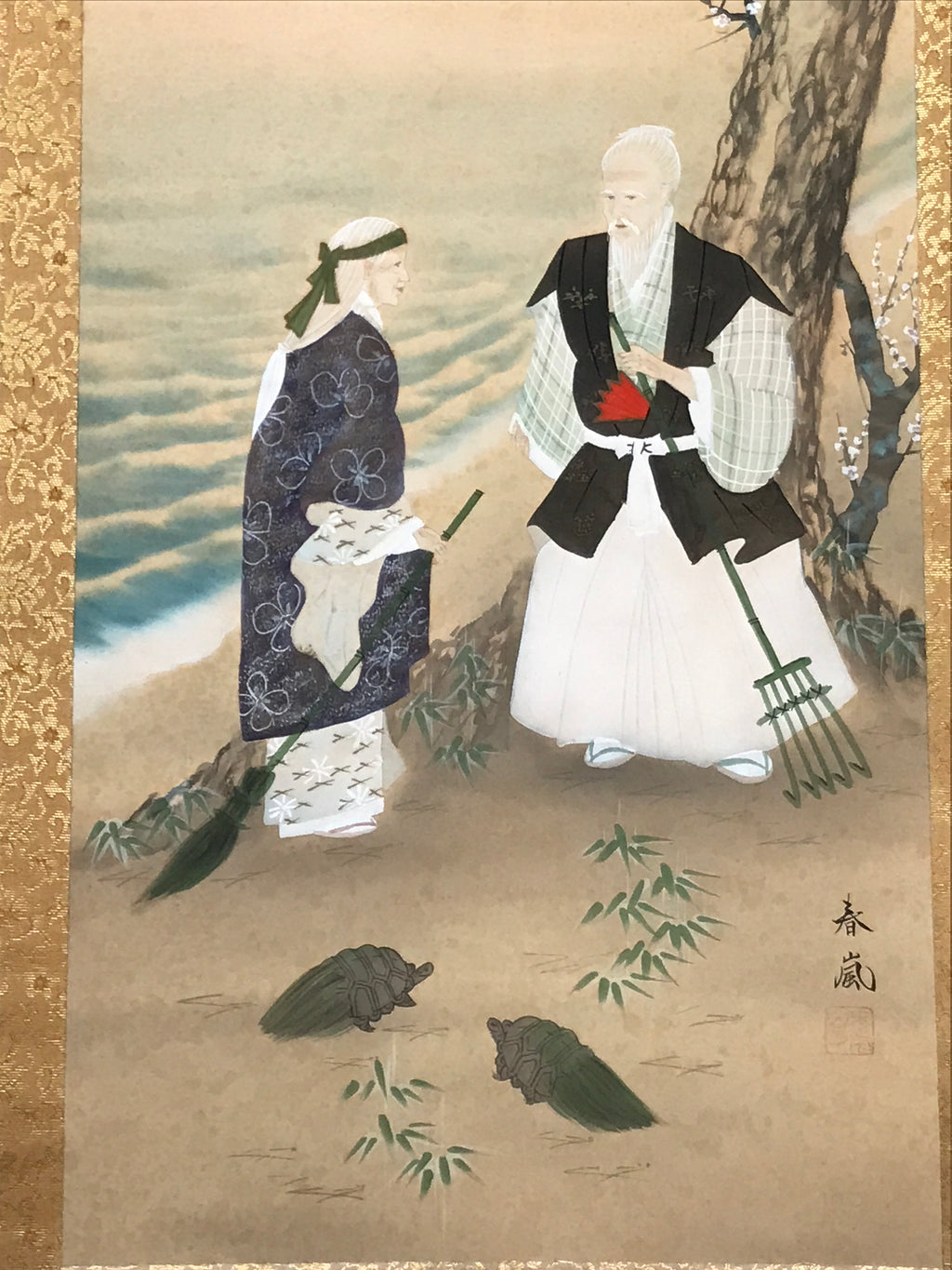 Japanese Hanging Scroll Kakejiku Vtg Takasago Elderly Couple Crane Pine KJ104