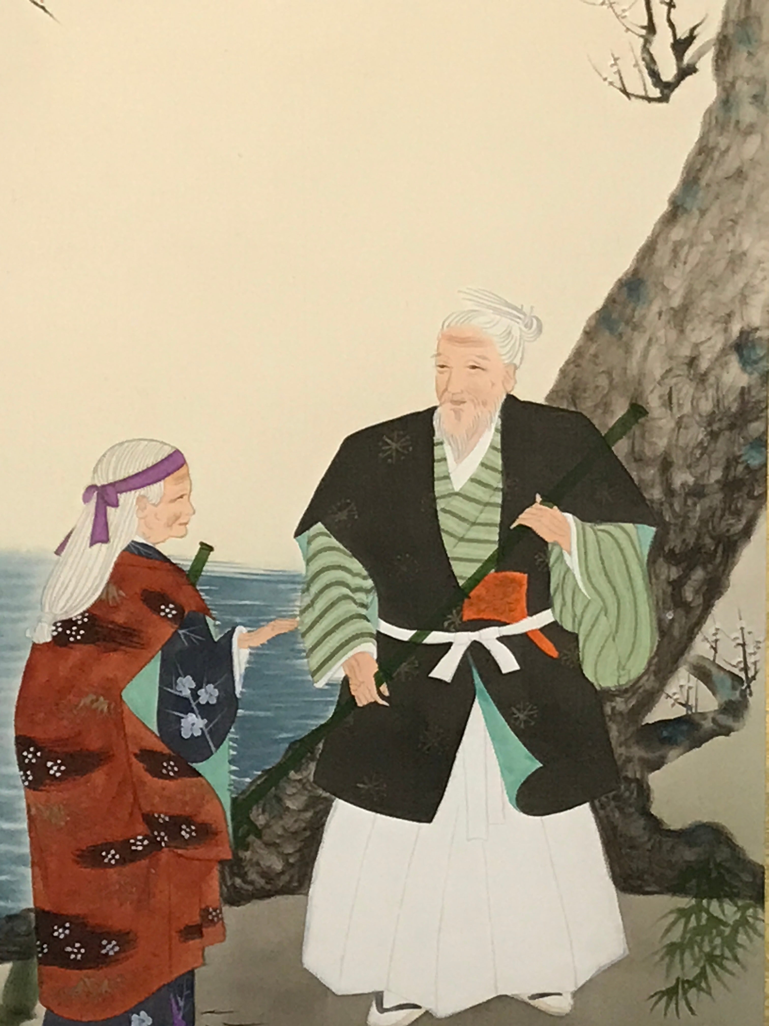 Japanese Hanging Scroll Kakejiku Vtg Takasago Elderly Couple Crane