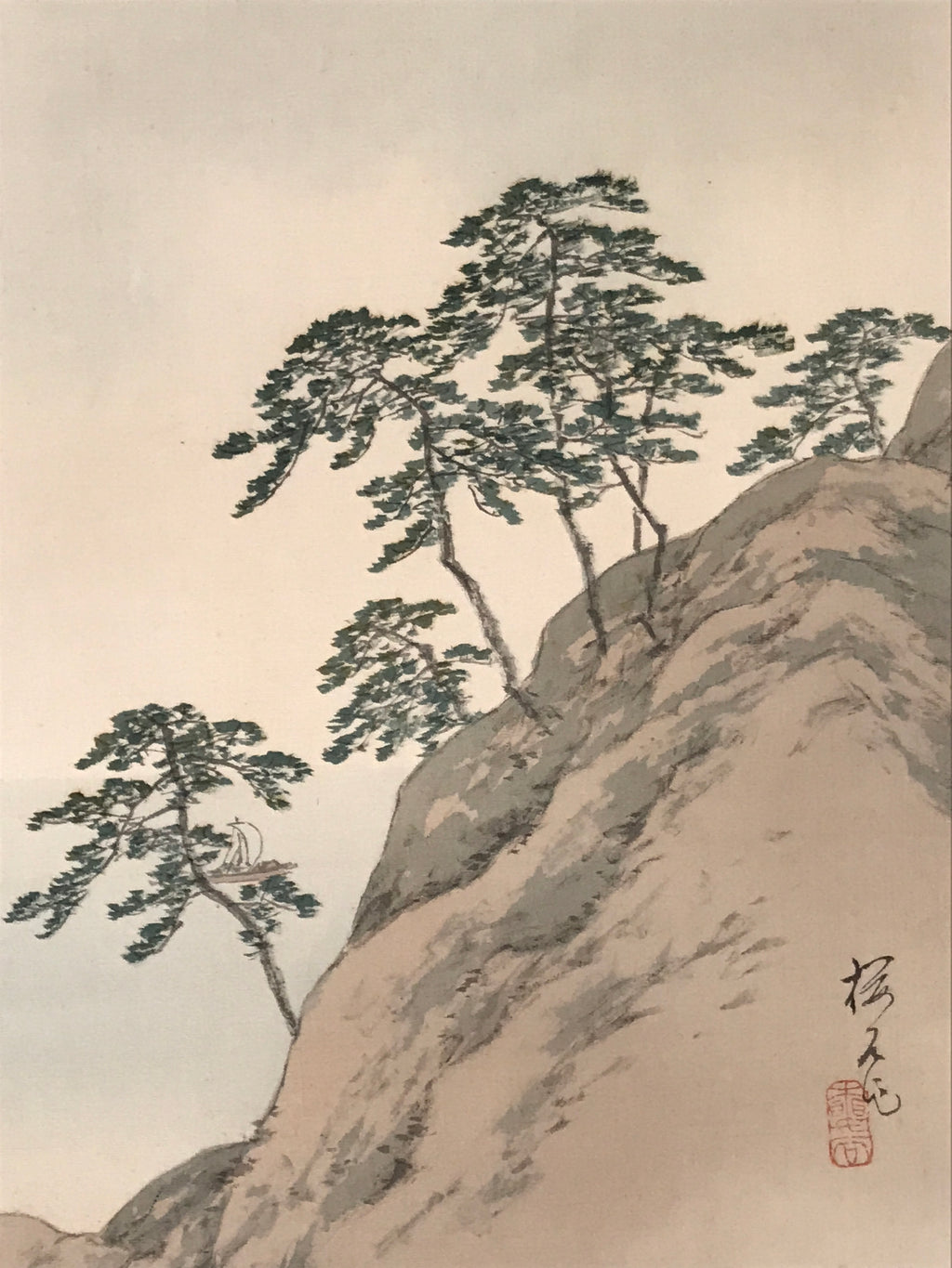 Japanese Hanging Scroll Kakejiku Vtg Trees Rock Boat Landscape Color Green KJ108