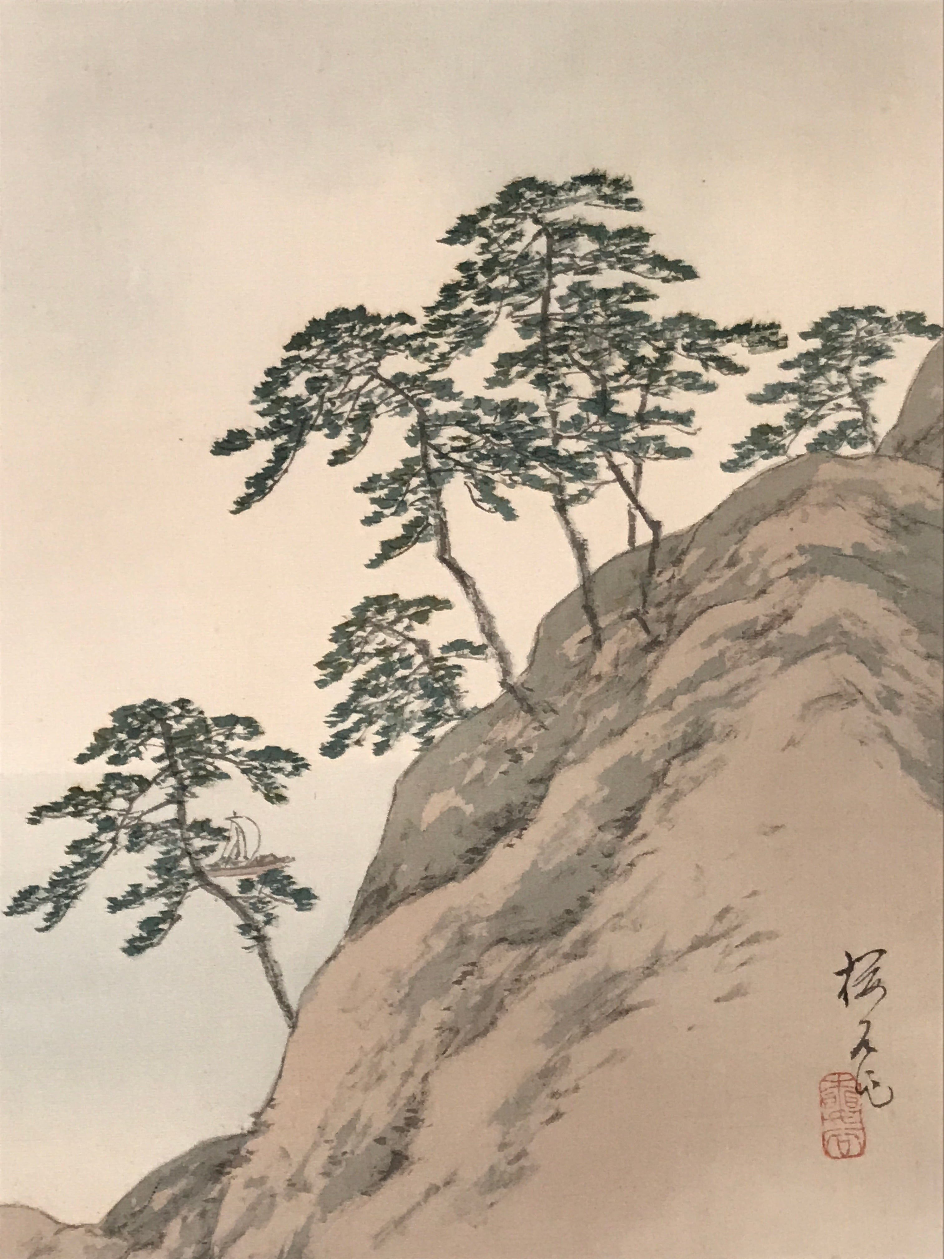 Japanese Hanging Scroll Kakejiku Vtg Trees Rock Boat Landscape Color Green KJ108