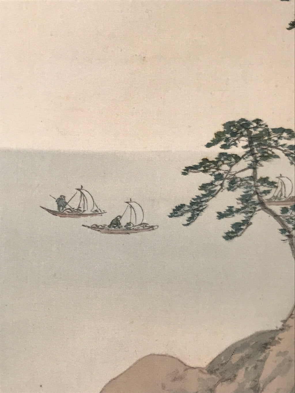 Japanese Hanging Scroll Kakejiku Vtg Trees Rock Boat Landscape Color Green KJ108