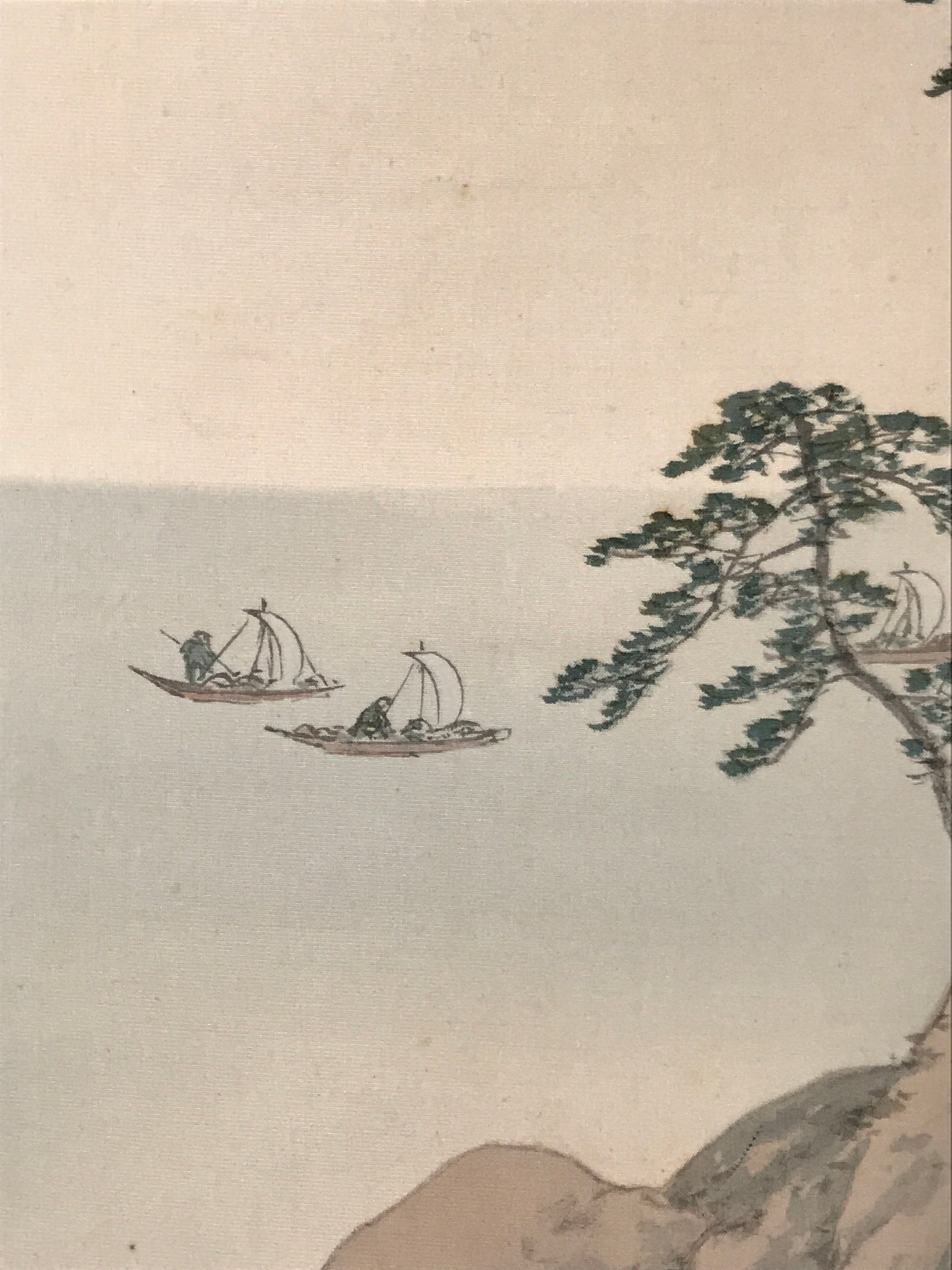 Japanese Hanging Scroll Kakejiku Vtg Trees Rock Boat Landscape Color Green KJ108