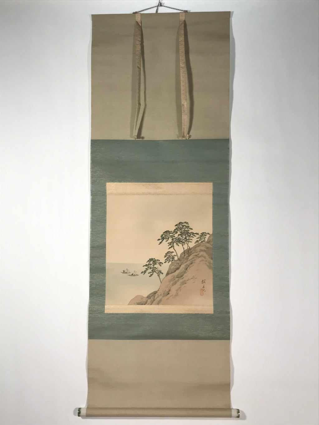 Japanese Hanging Scroll Kakejiku Vtg Trees Rock Boat Landscape Color Green KJ108