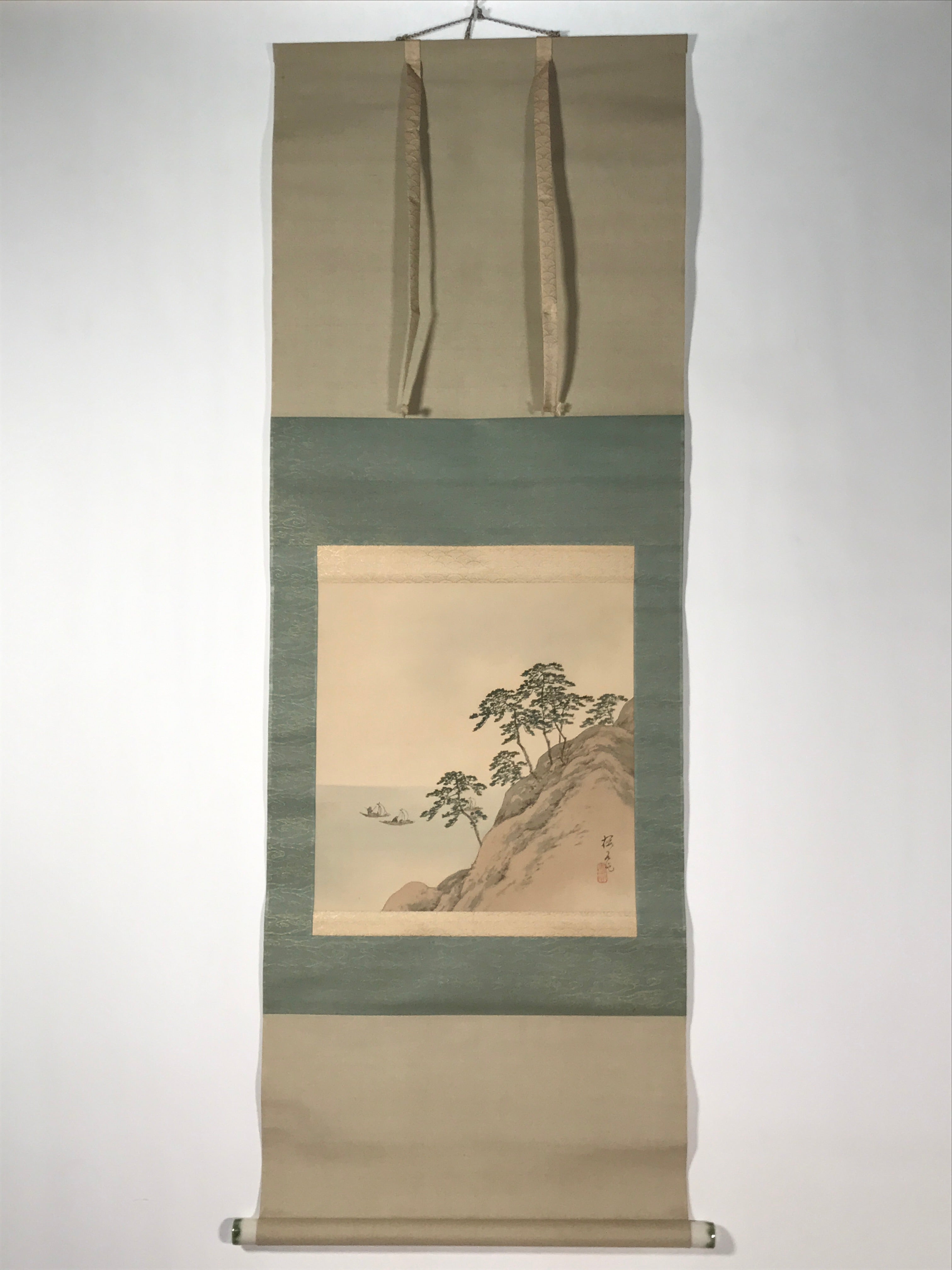 Japanese Hanging Scroll Kakejiku Vtg Trees Rock Boat Landscape Color Green KJ108