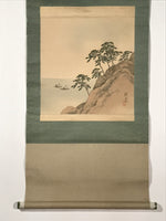 Japanese Hanging Scroll Kakejiku Vtg Trees Rock Boat Landscape Color Green KJ108