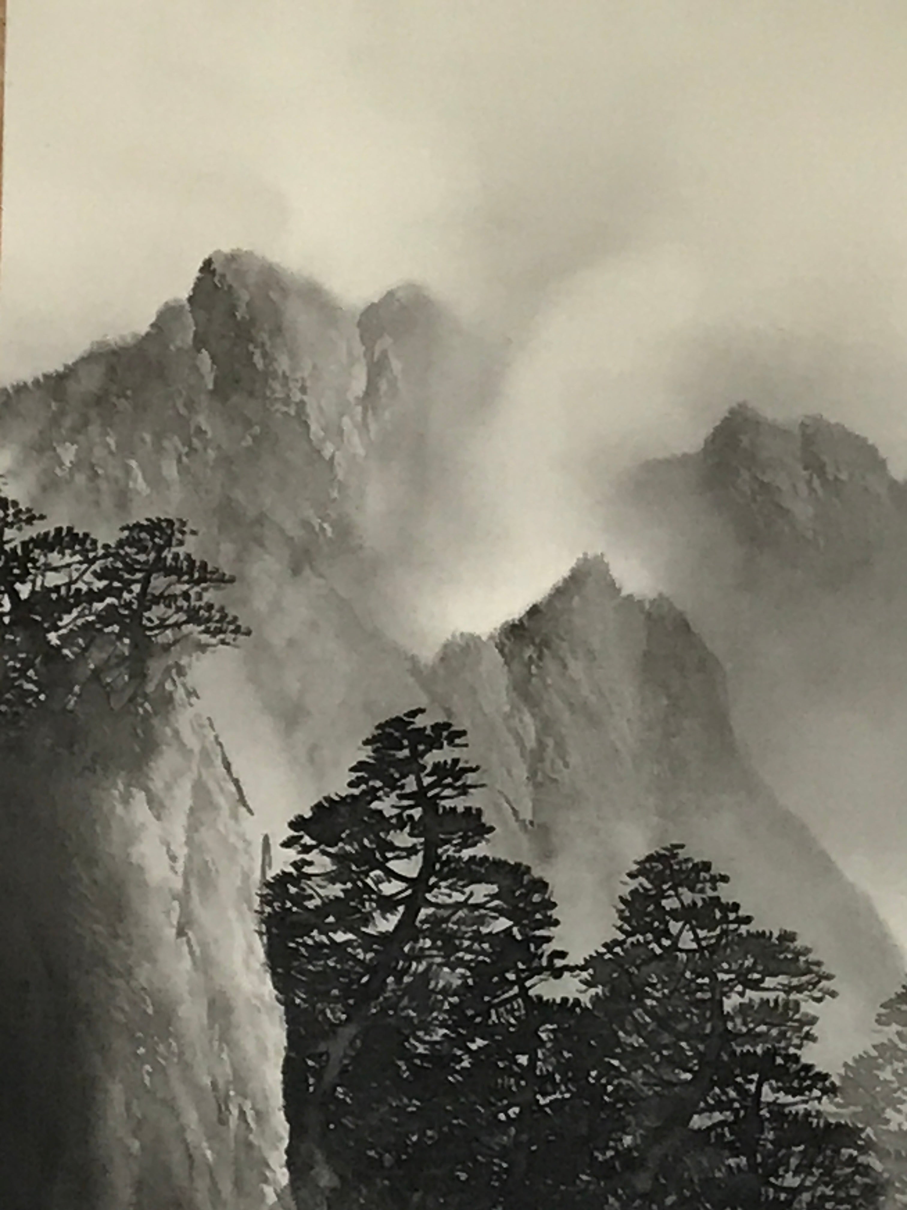 Japanese Hanging Scroll Kakejiku Vtg Waterfall Mountain Tree Sansui Black KJ114
