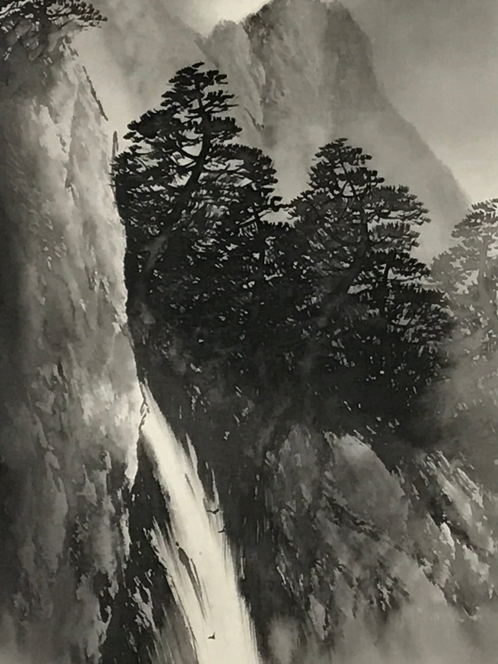 Japanese Hanging Scroll Kakejiku Vtg Waterfall Mountain Tree Sansui Black KJ114