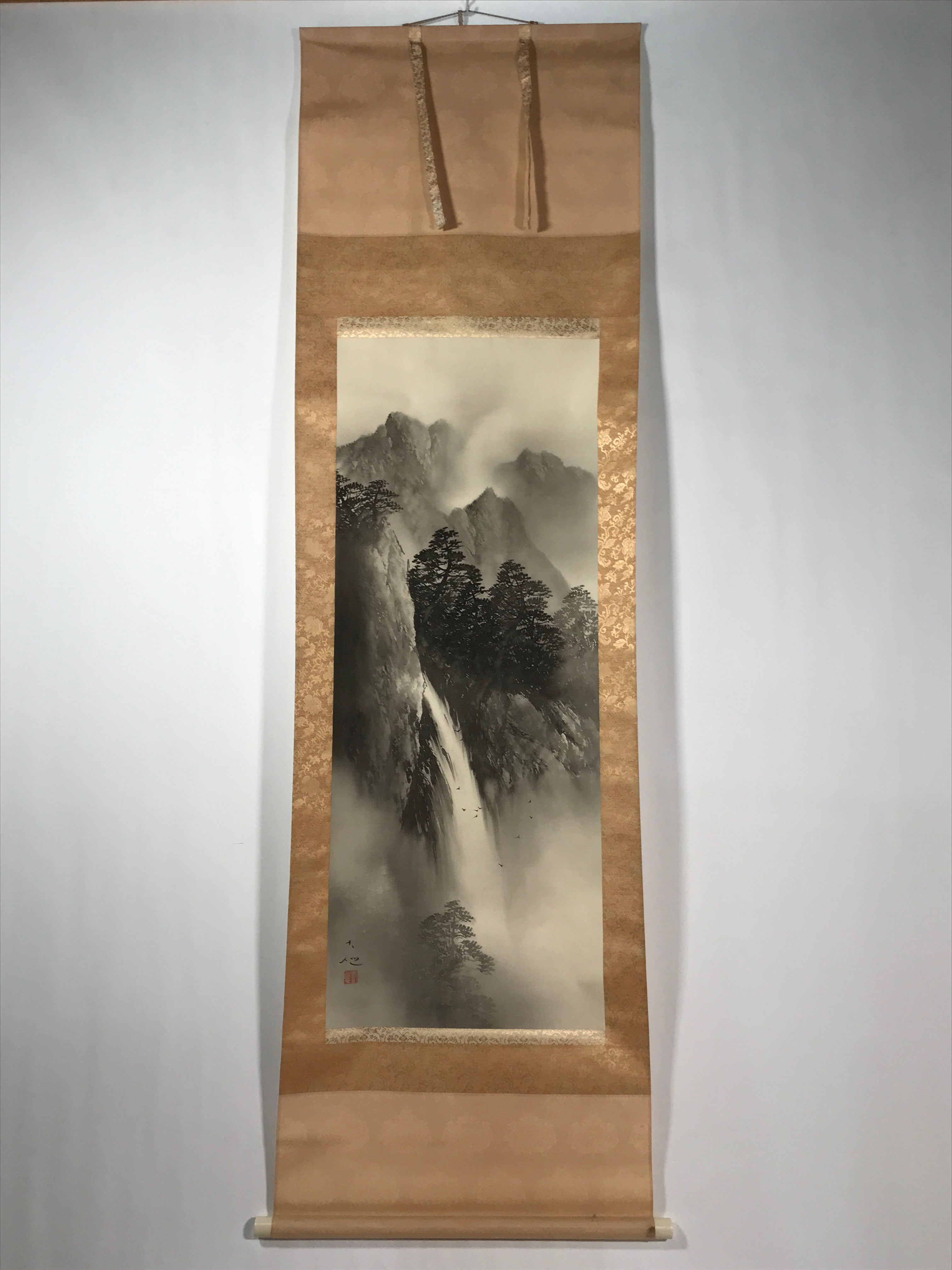 Japanese Hanging Scroll Kakejiku Vtg Waterfall Mountain Tree Sansui Black KJ114