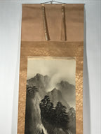 Japanese Hanging Scroll Kakejiku Vtg Waterfall Mountain Tree Sansui Black KJ114