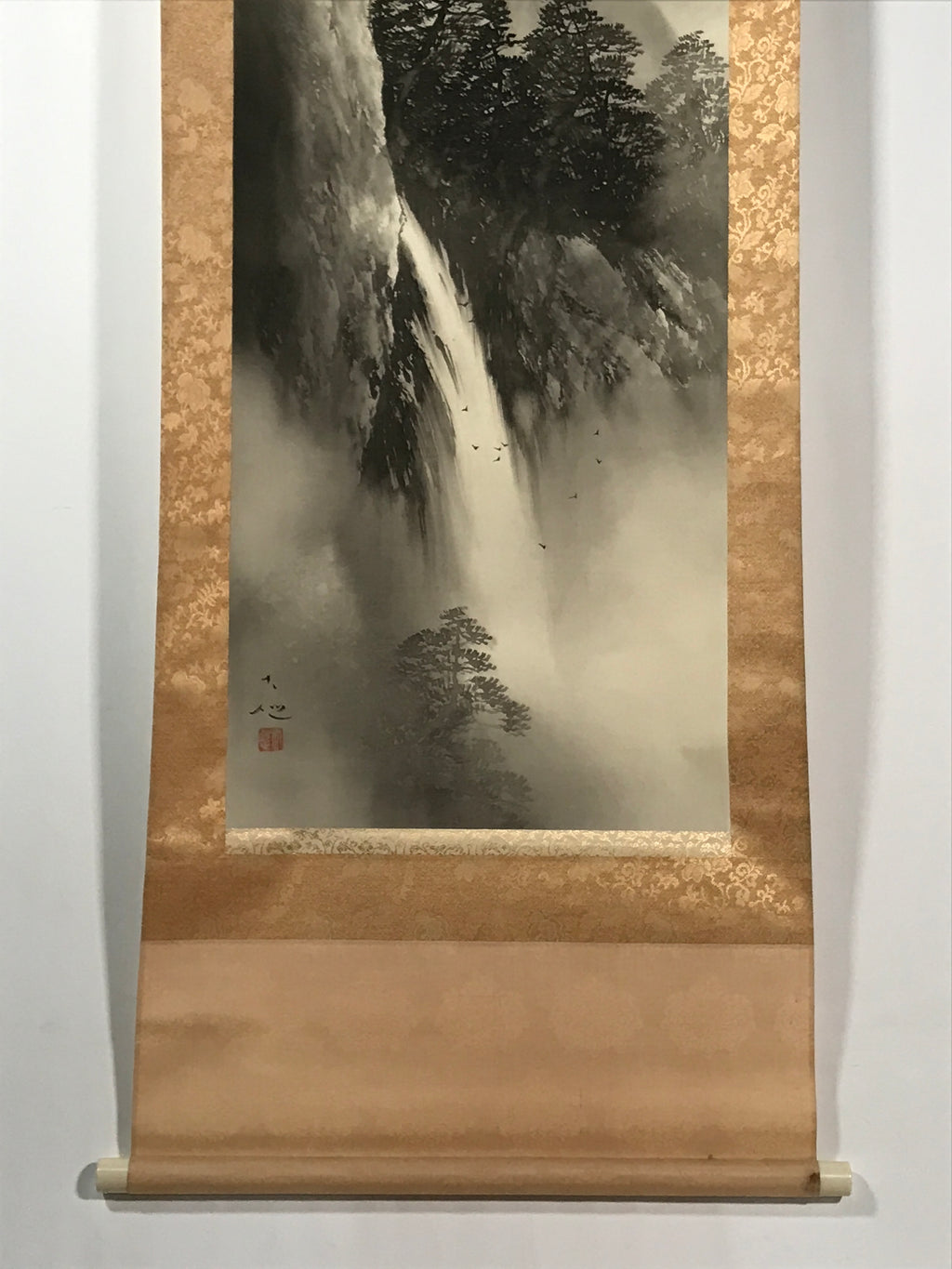 Japanese Hanging Scroll Kakejiku Vtg Waterfall Mountain Tree Sansui Black KJ114