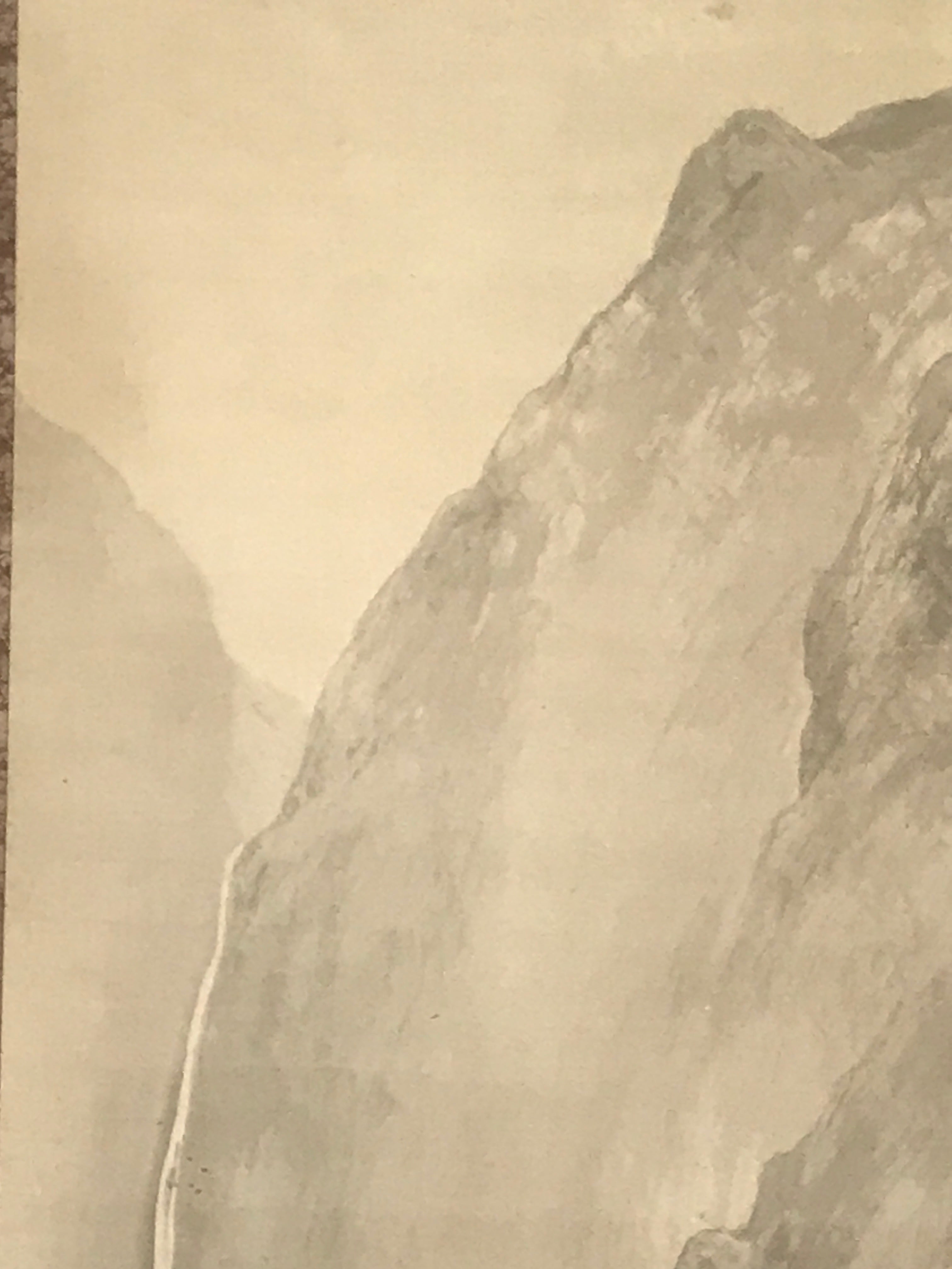 Japanese Hanging Scroll Kakejiku Vtg Waterfall Mountain Tree Sansui Black KJ118