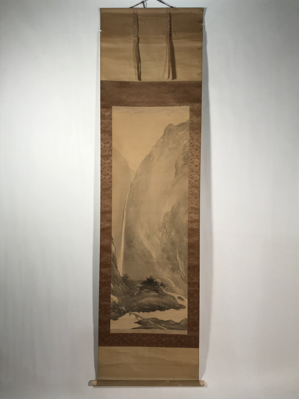 Japanese Hanging Scroll Kakejiku Vtg Waterfall Mountain Tree Sansui Black KJ118