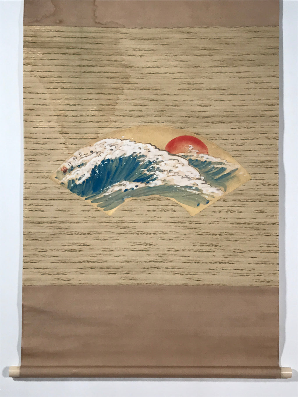 Japanese Hanging Scroll Kakejiku Vtg Waves Rising Sun Fan Shape Color KJ124