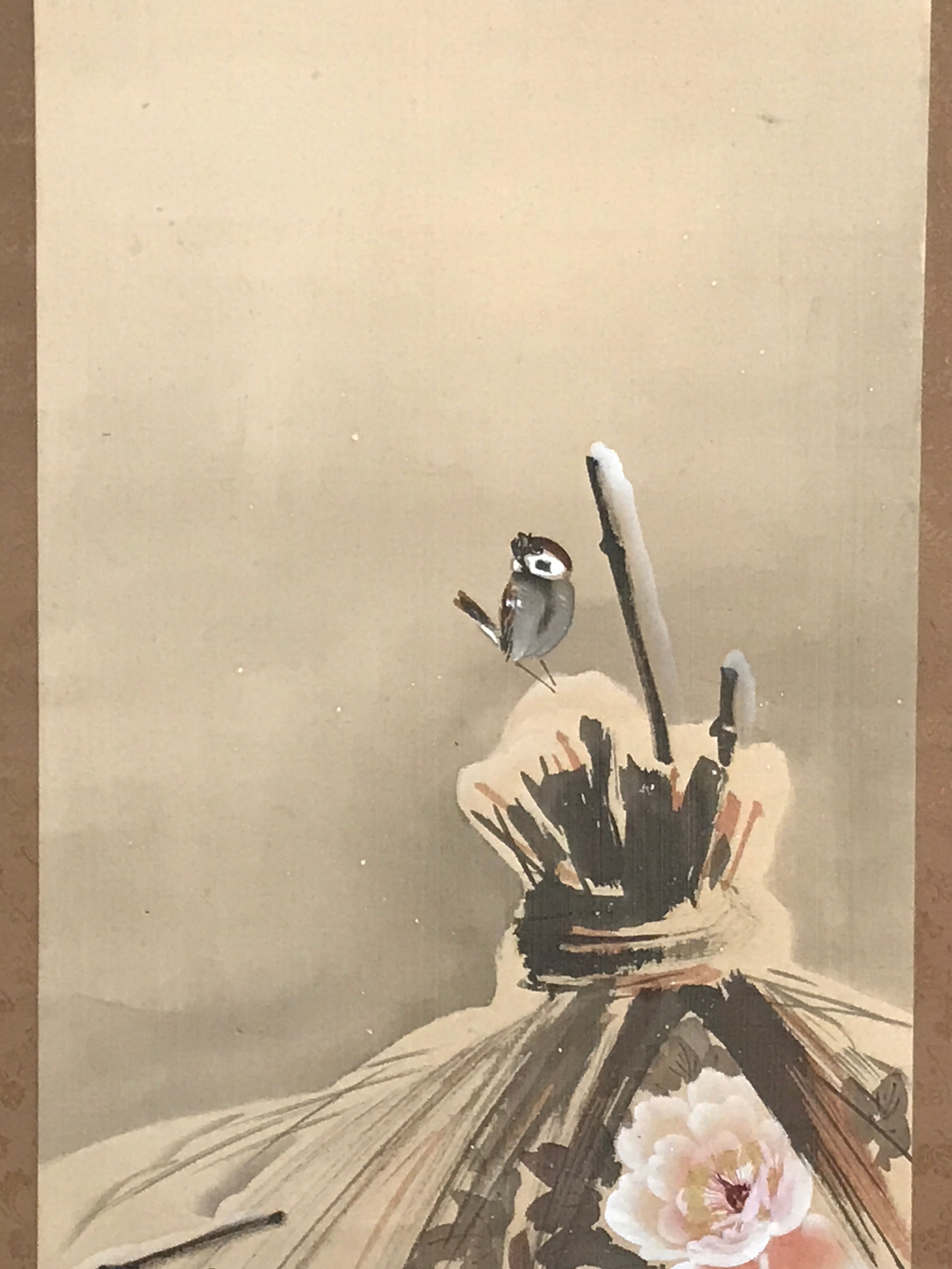 Japanese Hanging Scroll Kakejiku Vtg Winter Bird Peony Flower Straw Mat KJ170