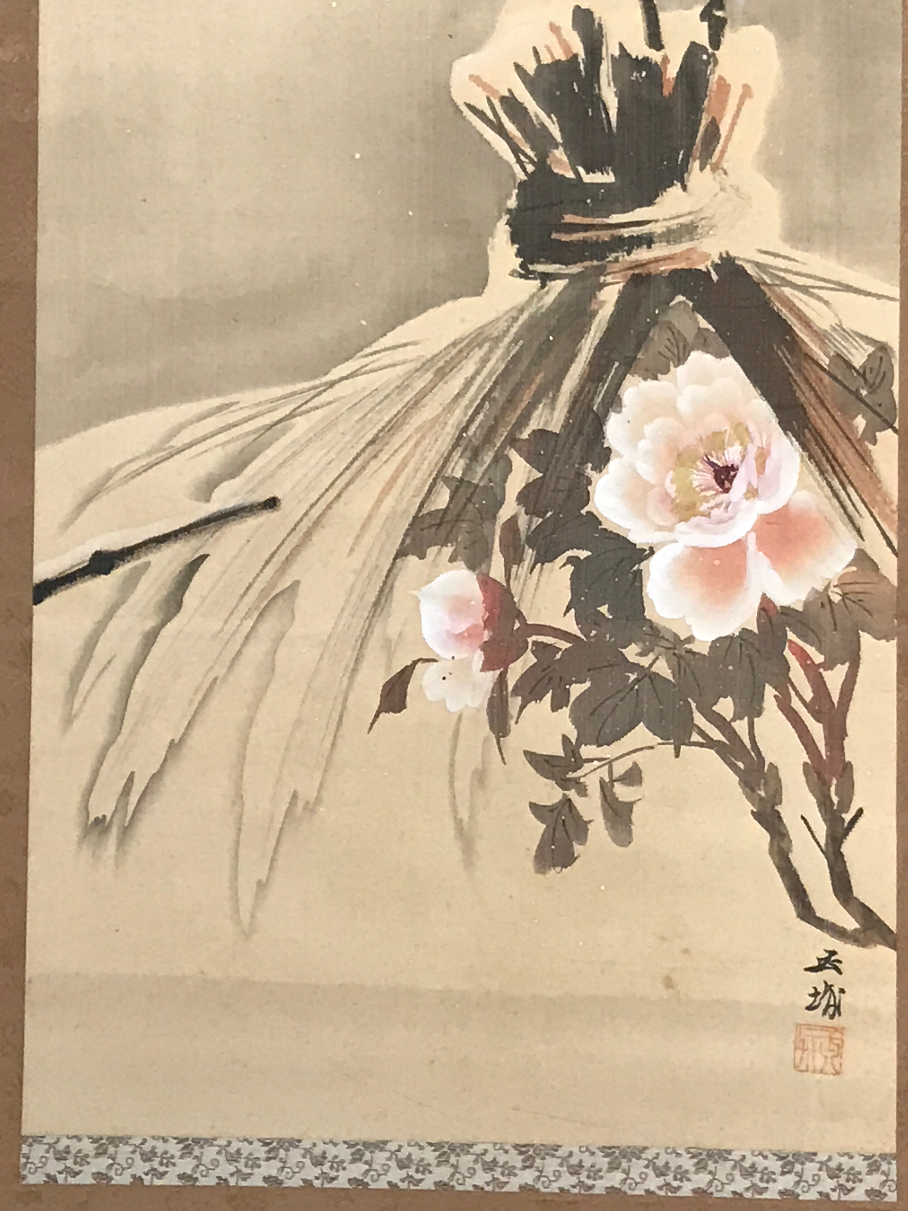 Japanese Hanging Scroll Kakejiku Vtg Winter Bird Peony Flower Straw Mat KJ170